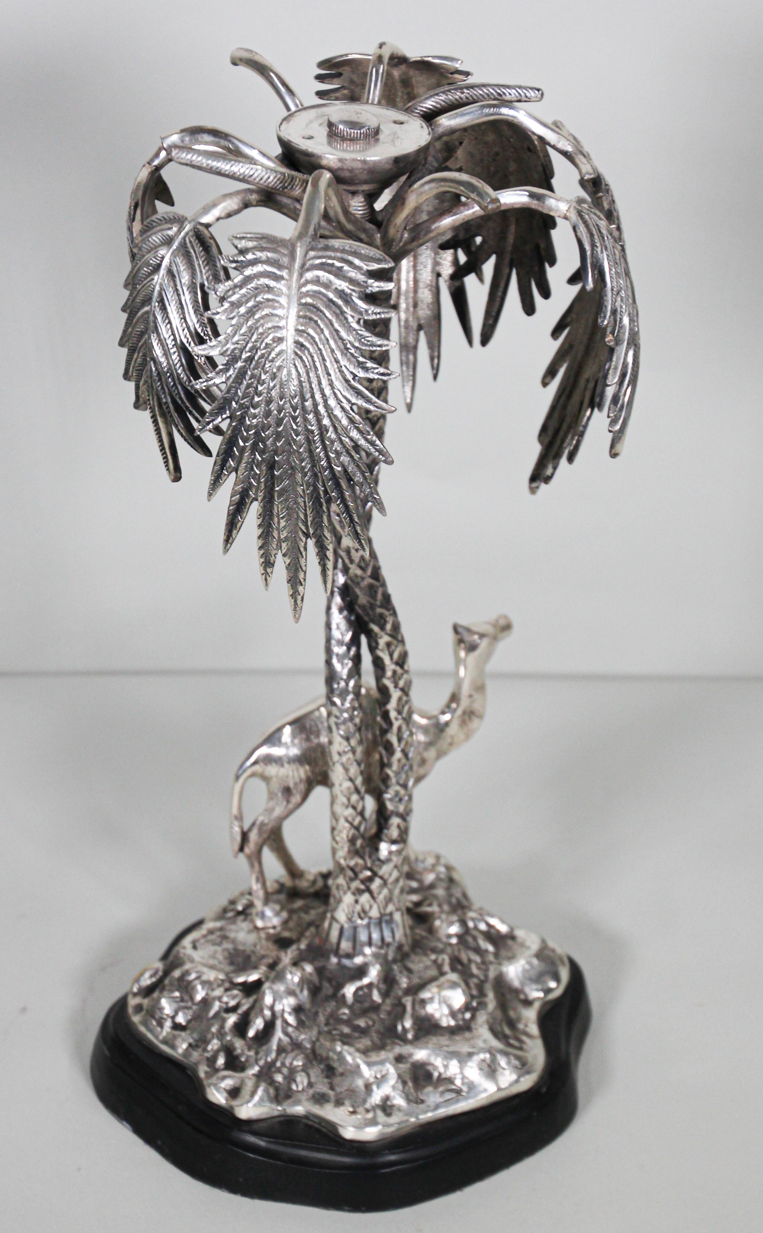 Orientalist Cast Silver Metal Camel Standing Under Palm Trees For Sale 1