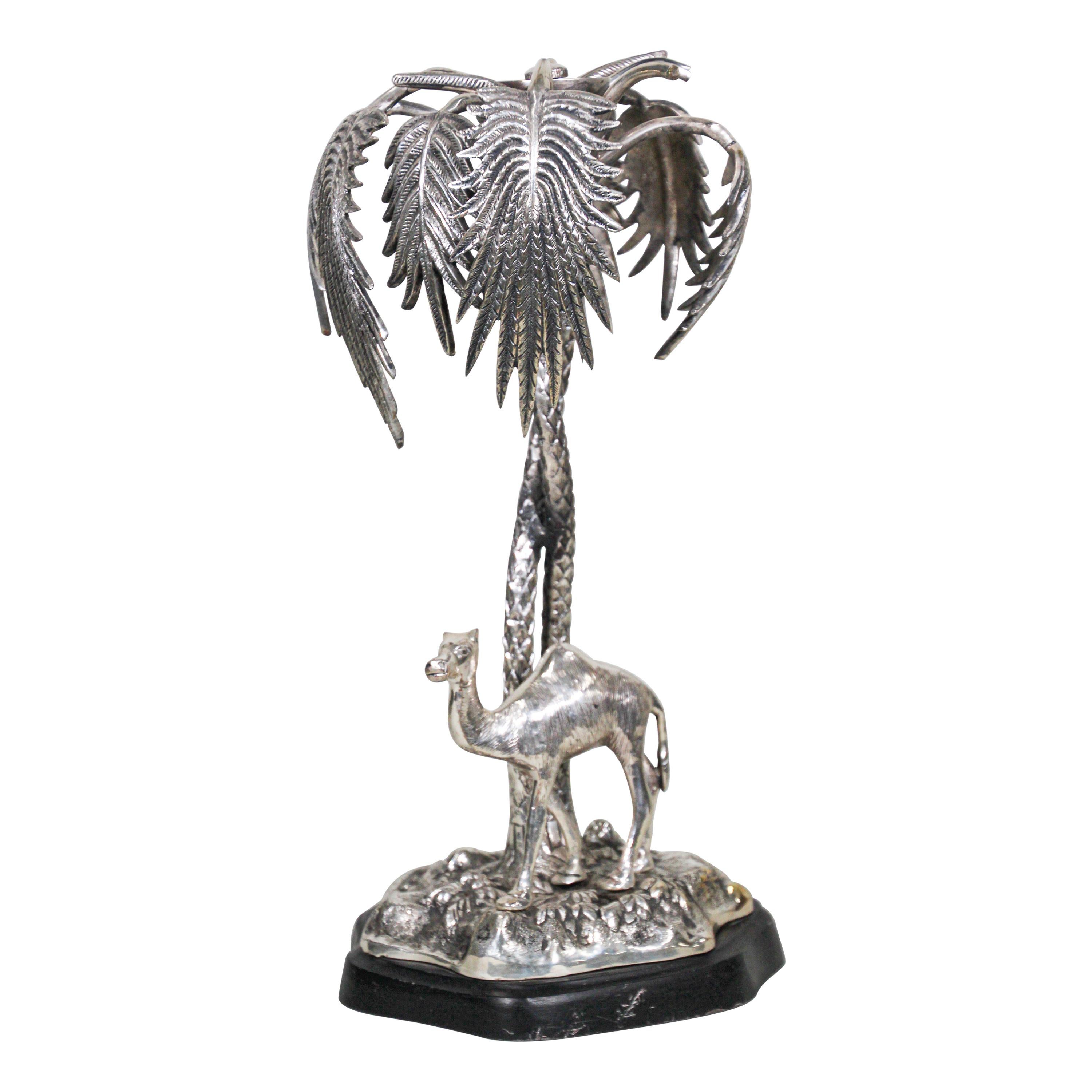 Orientalist Cast Silver Metal Camel Standing Under Palm Trees For Sale