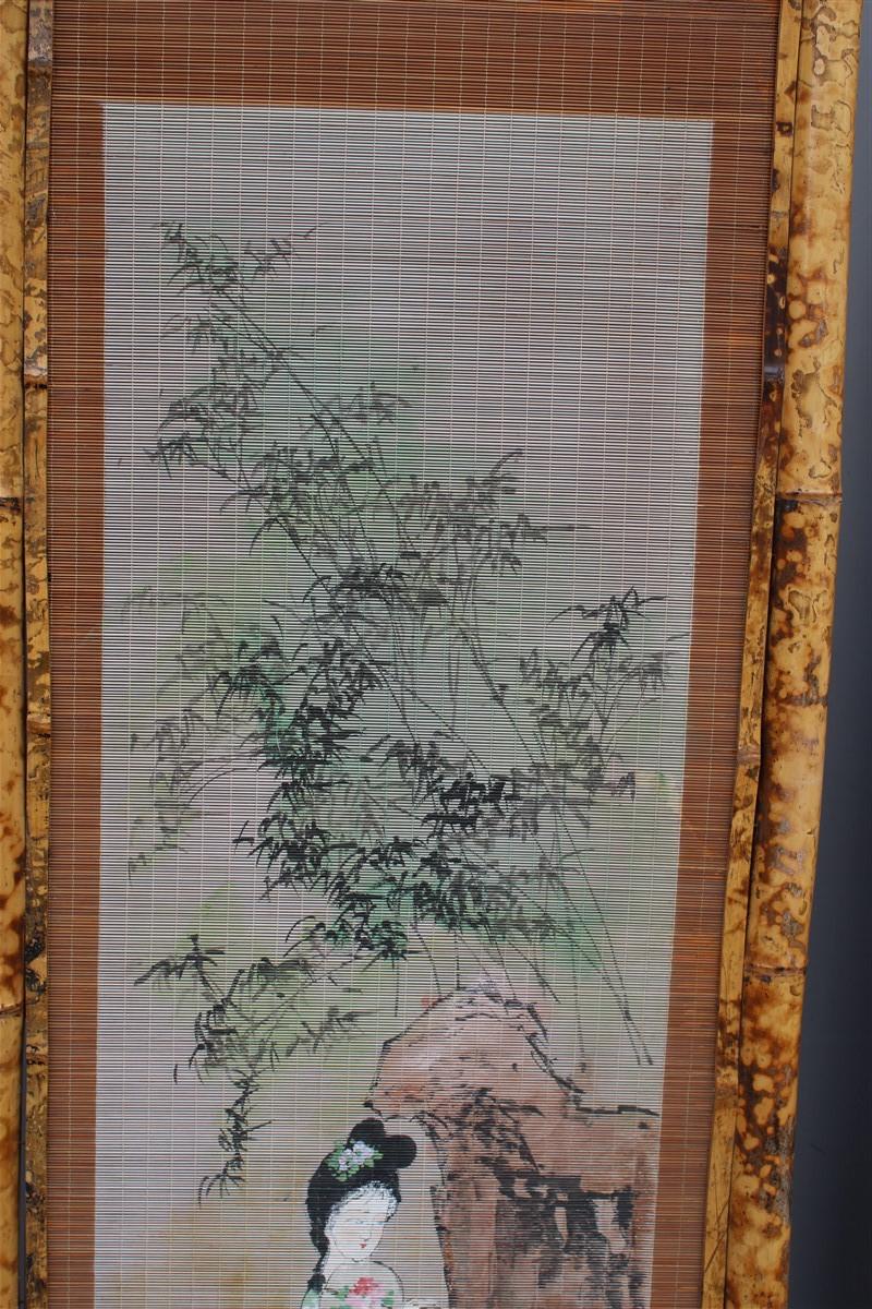 Orientalist Wall Decoration Bamboo Geisha Painting 1950 Mid-Century Italian 8