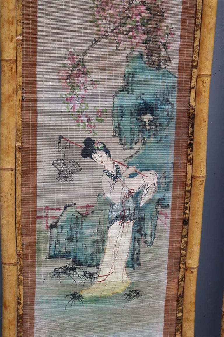 Mid-Century Modern Orientalist Wall Decoration Bamboo Geisha Painting 1950 Mid-Century Italian For Sale