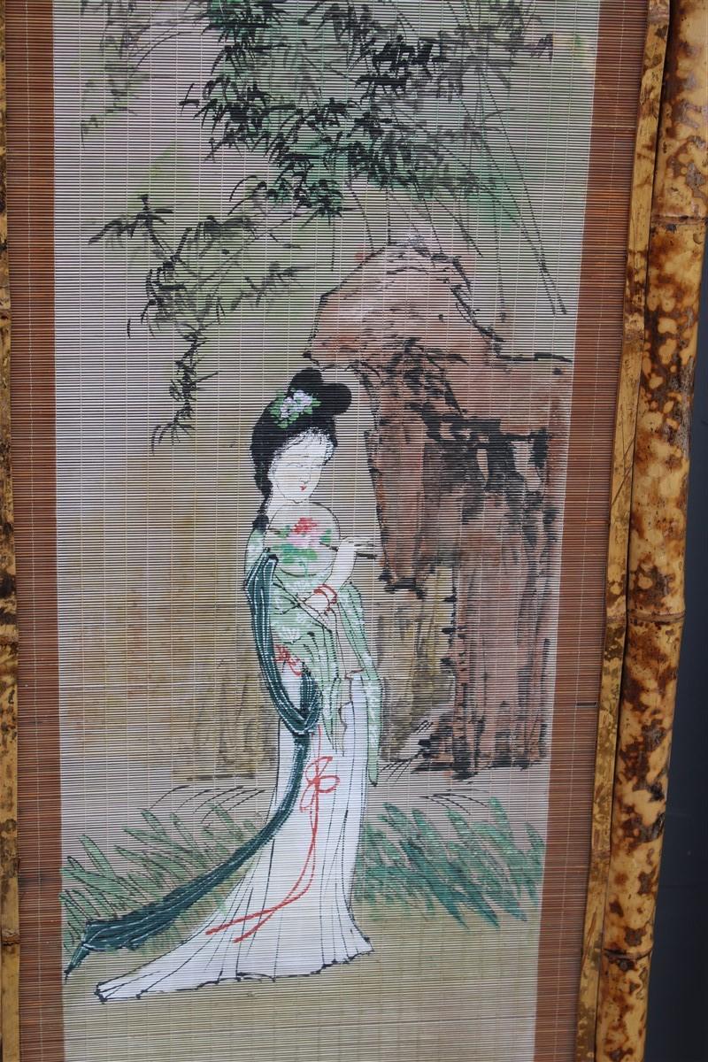 Orientalist Wall Decoration Bamboo Geisha Painting 1950 Mid-Century Italian In Good Condition In Palermo, Sicily