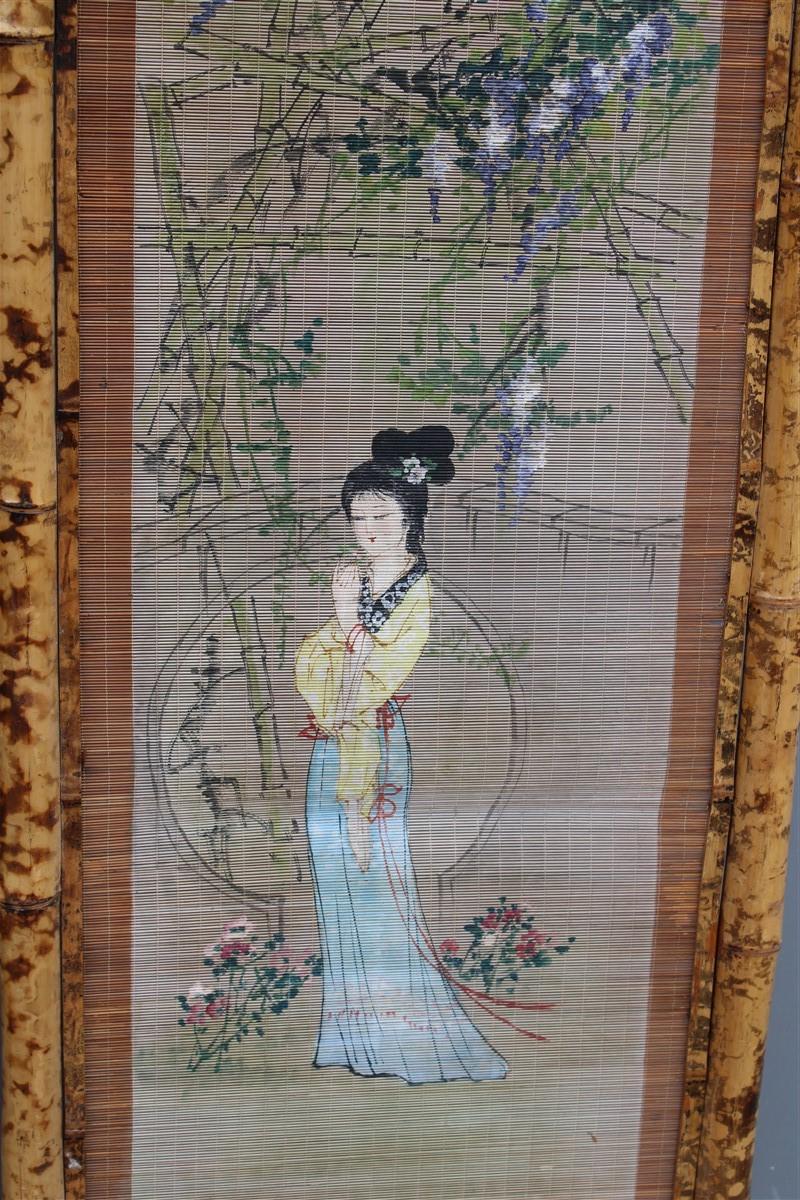 Mid-20th Century Orientalist Wall Decoration Bamboo Geisha Painting 1950 Mid-Century Italian