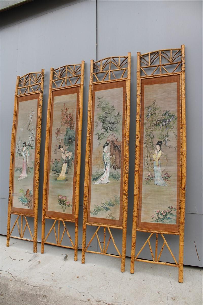 Orientalist Wall Decoration Bamboo Geisha Painting 1950 Mid-Century Italian 4