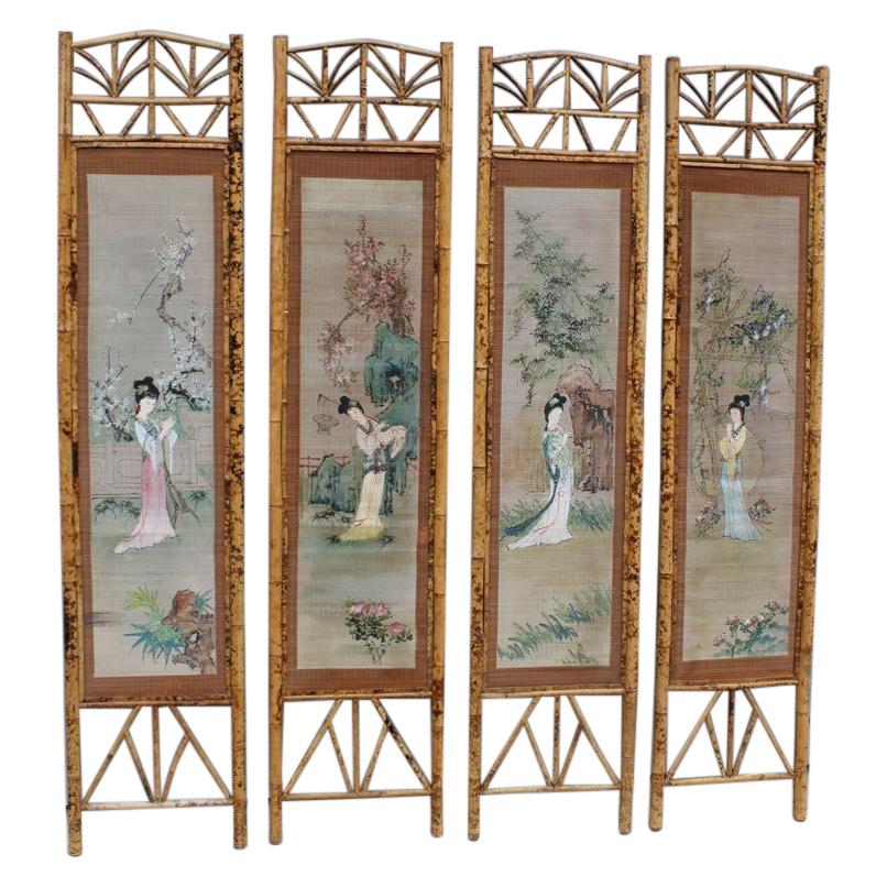 Orientalist Wall Decoration Bamboo Geisha Painting 1950 Mid-Century Italian