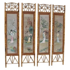 Orientalist Wall Decoration Bamboo Geisha Painting 1950 Mid-Century Italian