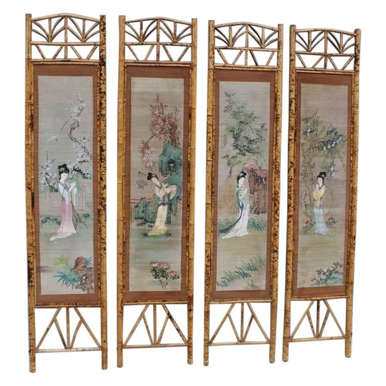 Orientalist Wall Decoration Bamboo Geisha Painting 1950 Mid-Century Italian For Sale