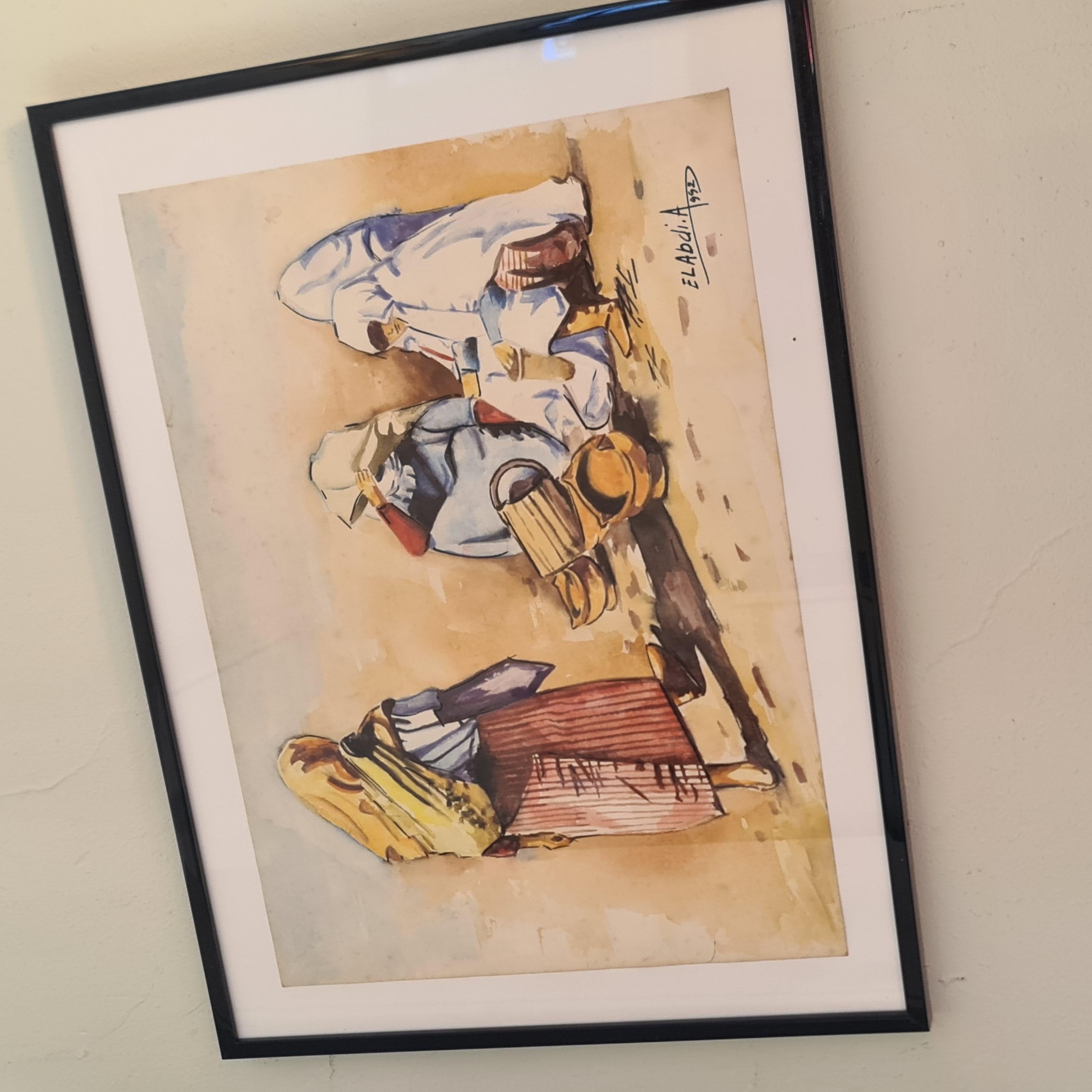 Entdecken Sie dieses herrliche orientalische Aquarell vom Ende des 20. Jahrhunderts. Dieses Meisterwerk fängt die lebendige und geheimnisvolle Essenz des Orients durch sanfte Farben und zarte Details ein. Das Gemälde zeigt eine bezaubernde Szene, in