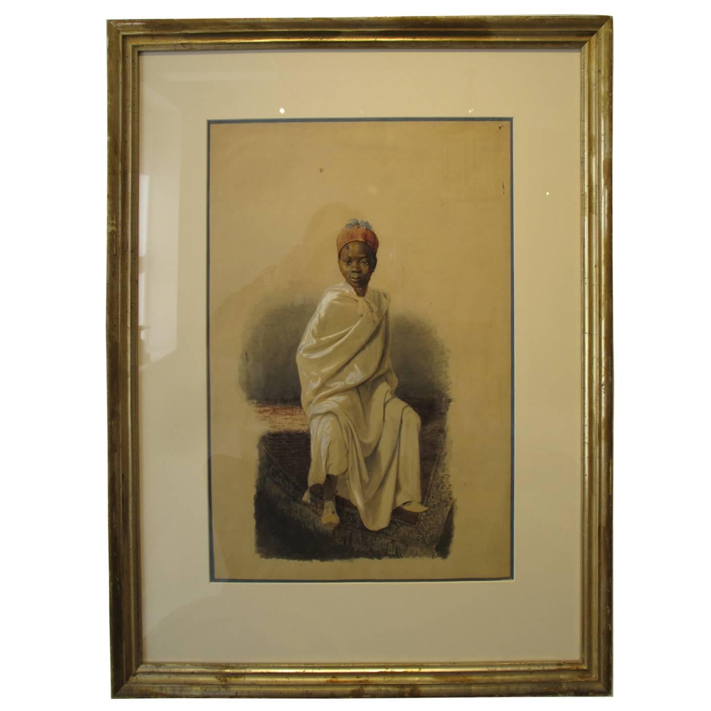 Orientalist Watercolor of Young African Boy For Sale