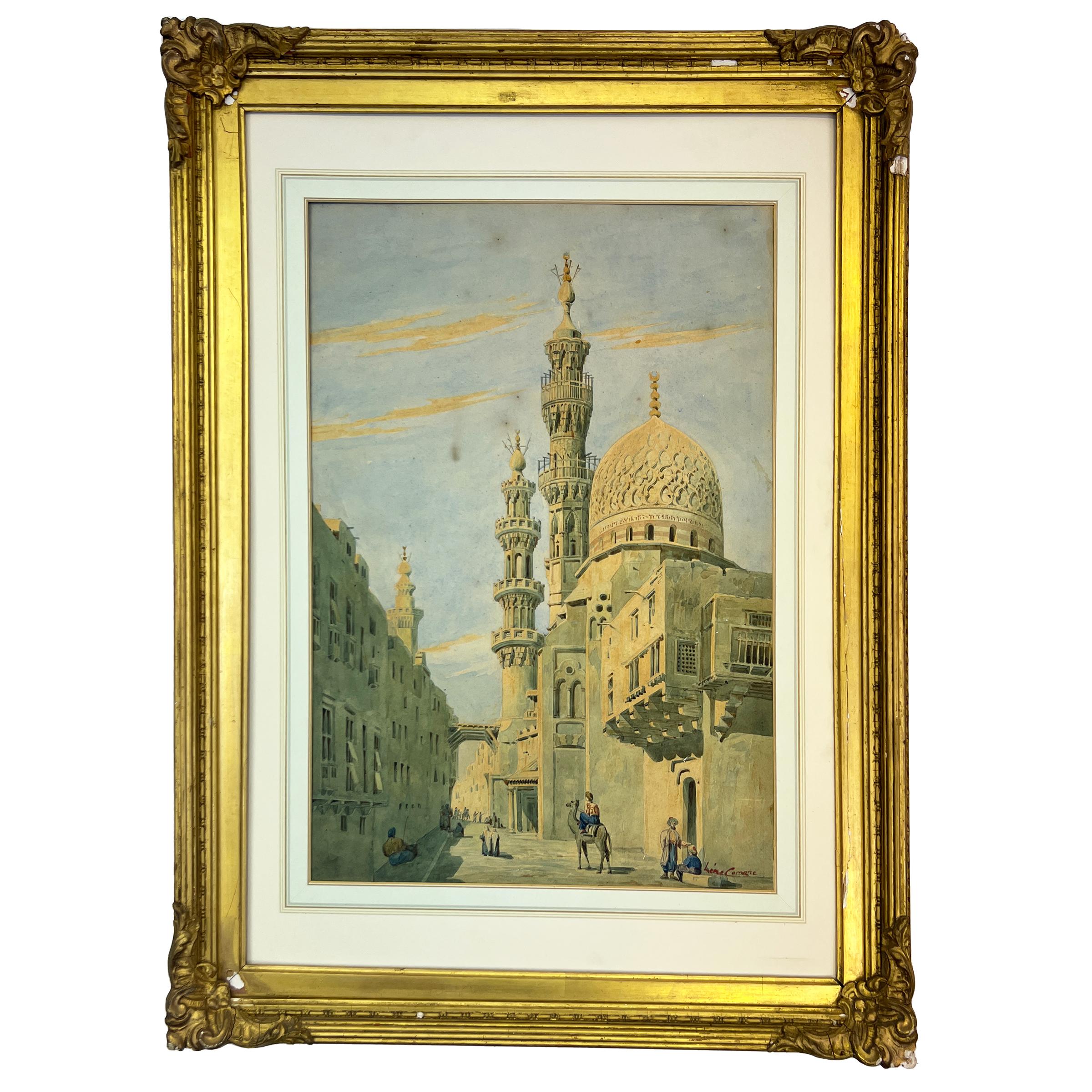 Set within gilt-wood frame, paper watercolour painting signed lower right, depicts north African street, domes, minarets and people.