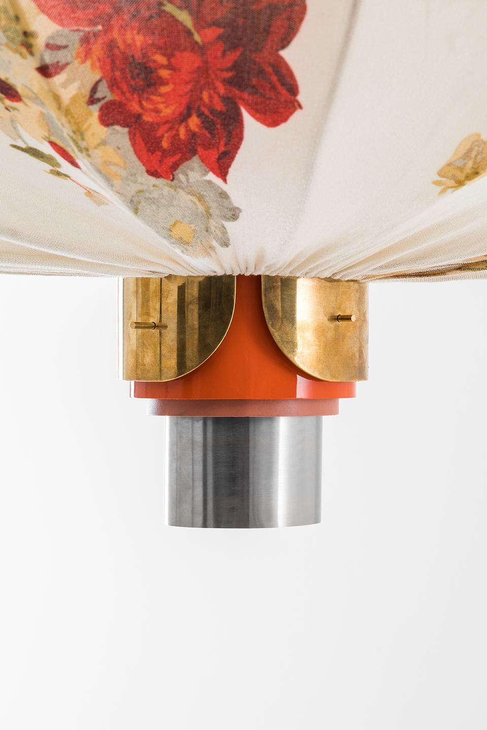 Italian ORIENTE Modern Ceiling Pendant Lamp in Brass and Printed Silk by Dimoremilano For Sale
