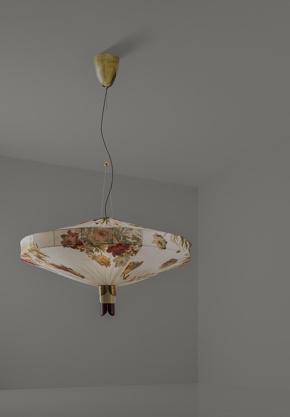 ORIENTE Modern Ceiling Pendant Lamp in Brass & Printed Silk by Dimoremilano In New Condition For Sale In Milan, IT