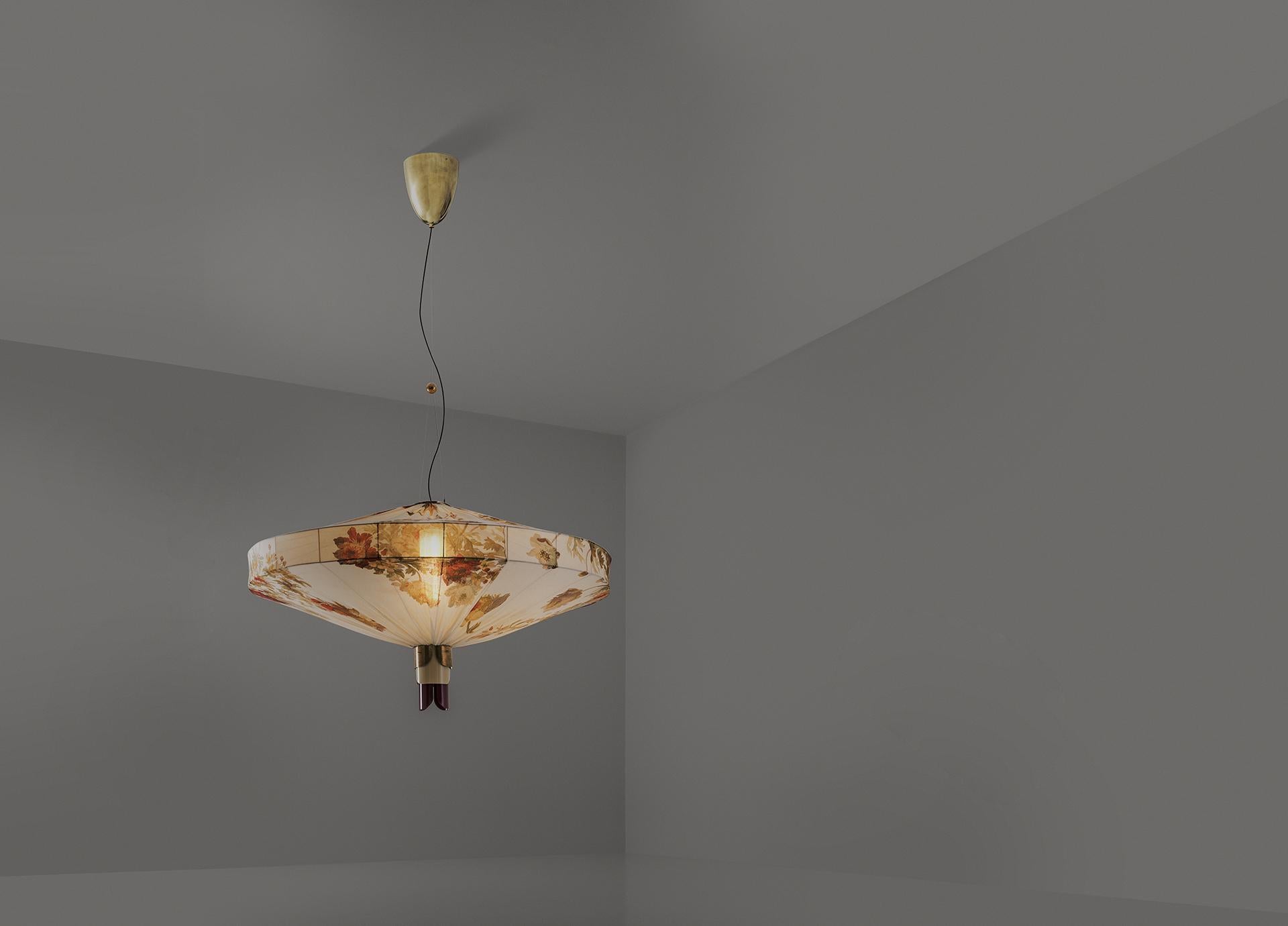 Contemporary ORIENTE Modern Ceiling Pendant Lamp in Brass & Printed Silk by Dimoremilano For Sale
