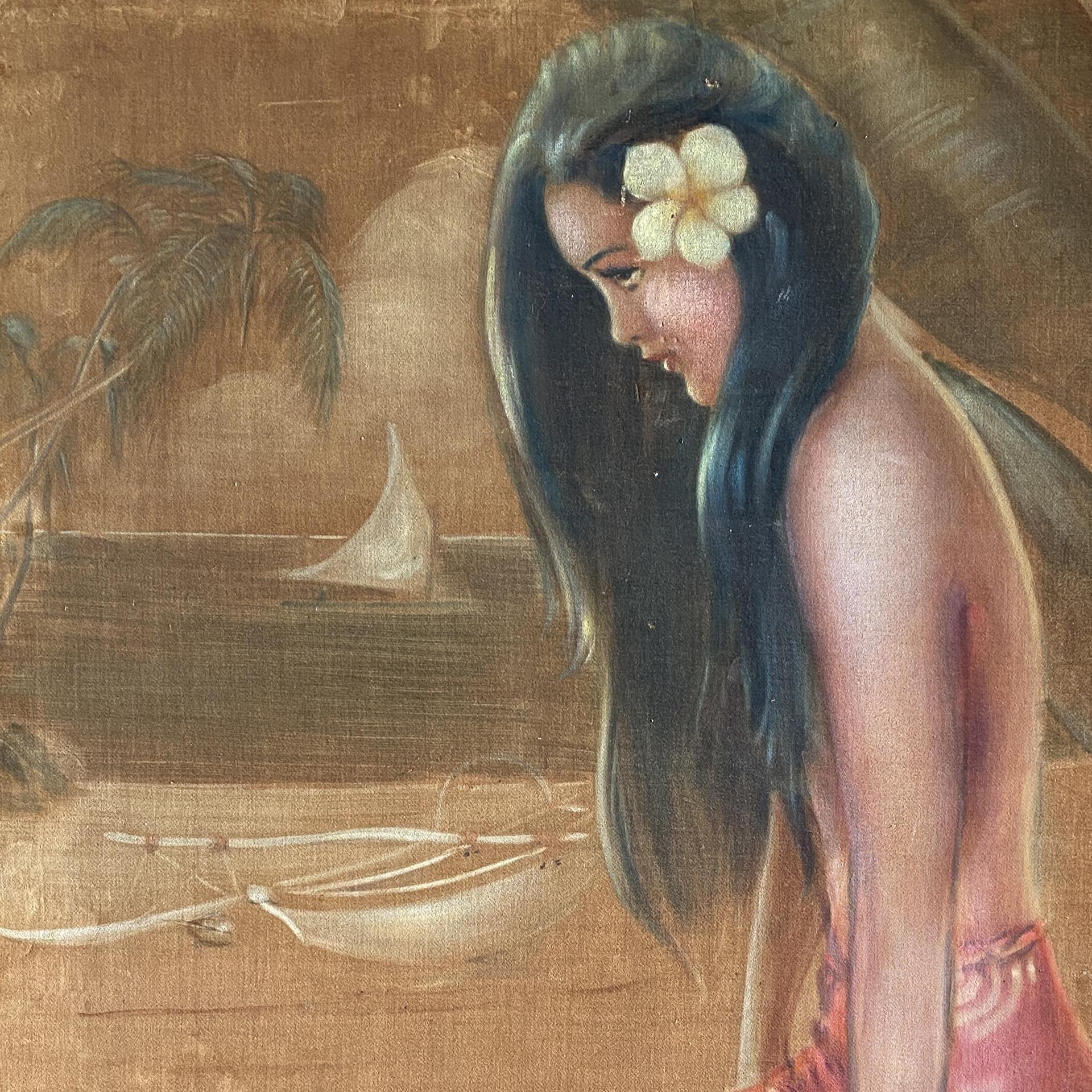 Originale peinture à l'huile sur velours d'une jeune fille polynésienne sur la plage, datant de la fin des années 1930/1940, signée 