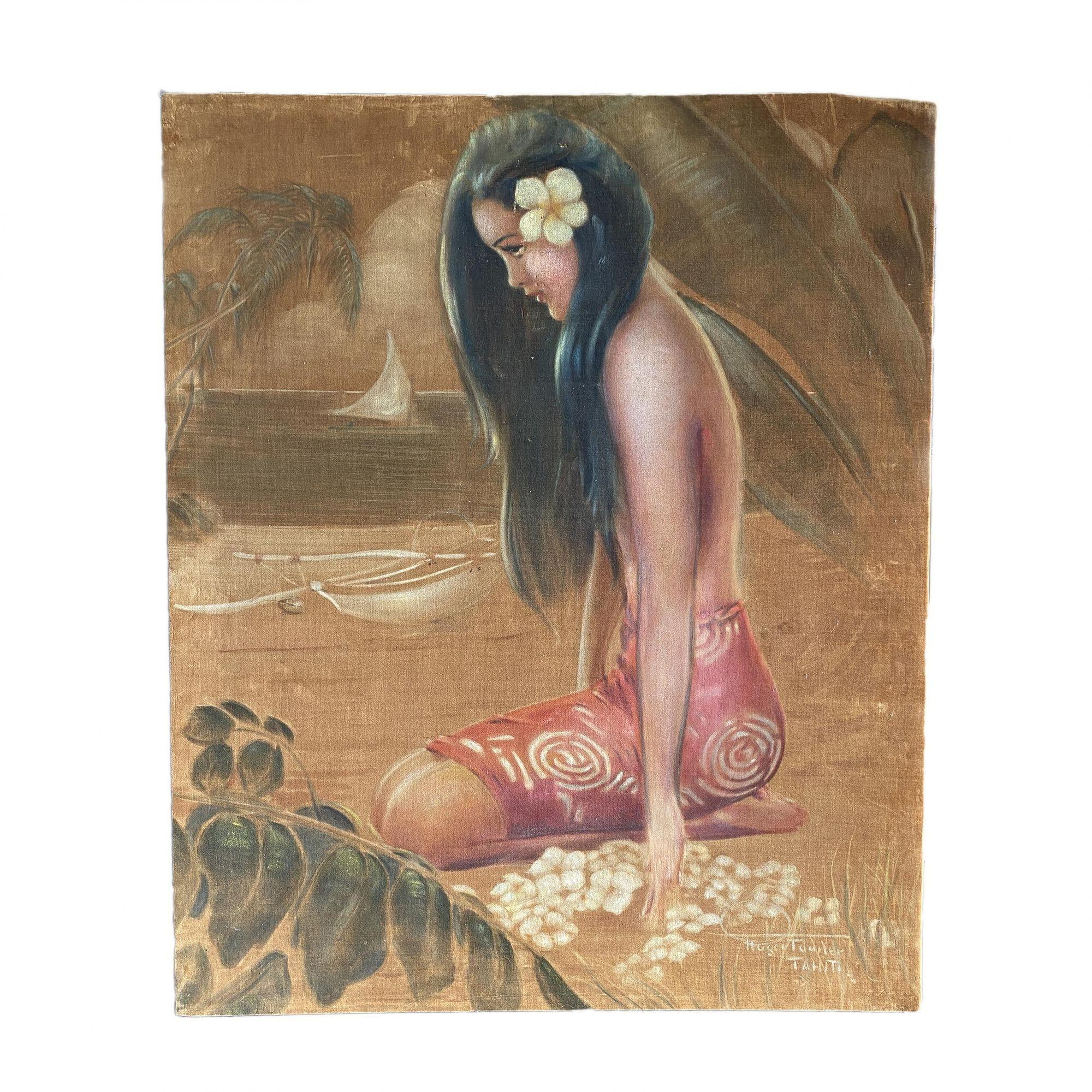 Mid-20th Century Orig Pre-War Beach Polynesian Girl Oil Painting on Velvet, Roger Fowler, Tahiti For Sale