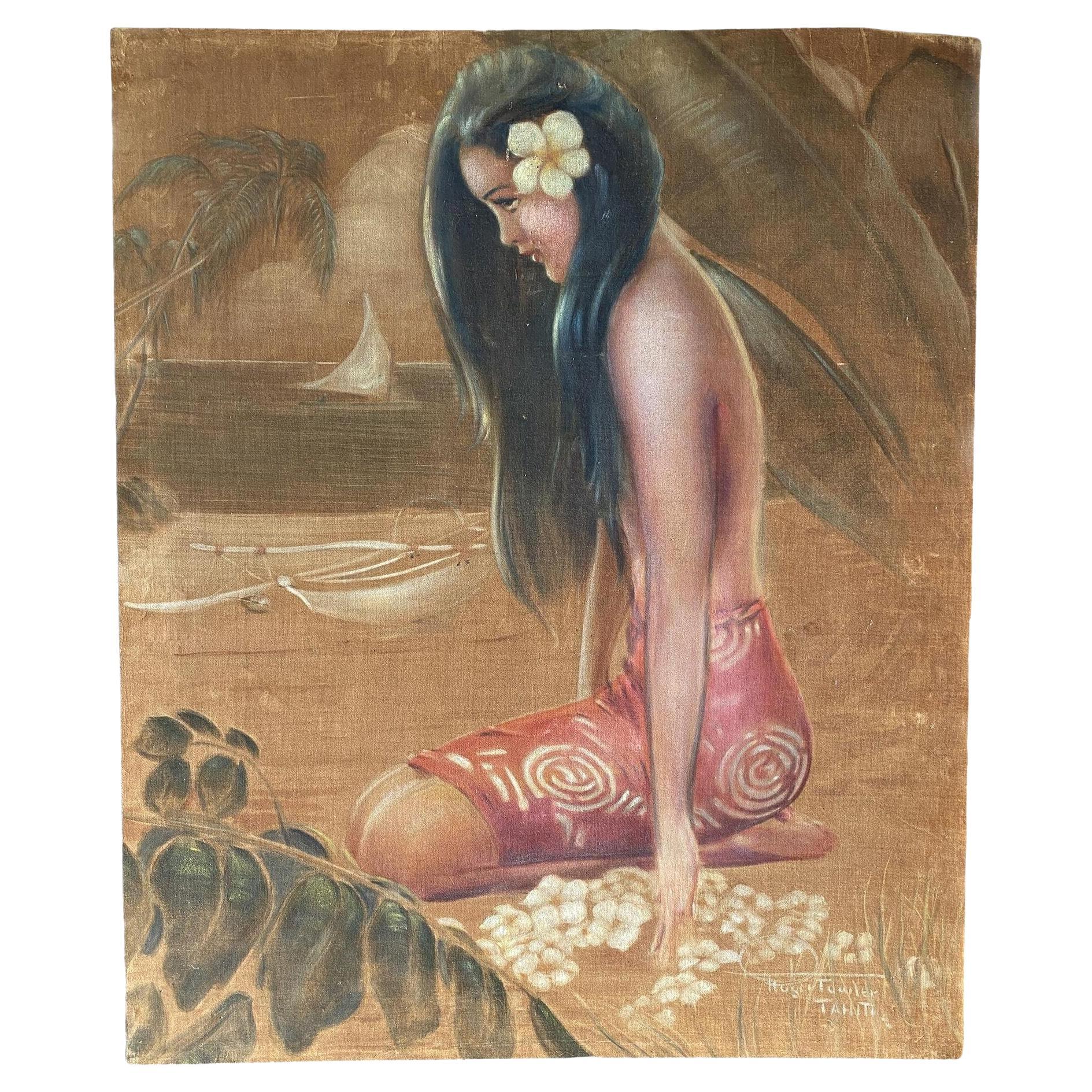 Orig Pre-War Beach Polynesian Girl Oil Painting on Velvet, Roger Fowler, Tahiti For Sale