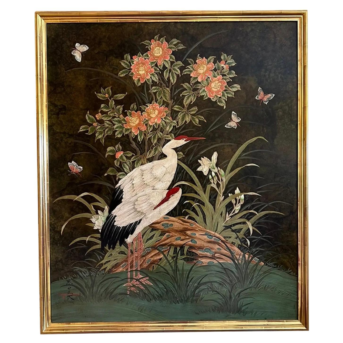 Orig Robert Crowder Painting of Cranes in Jerry Solomon Giltwood Frame