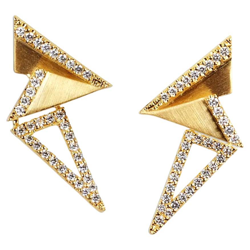 Origami Brush Gold Diamond Mini Earrings 18K Yellow Gold For Sale
