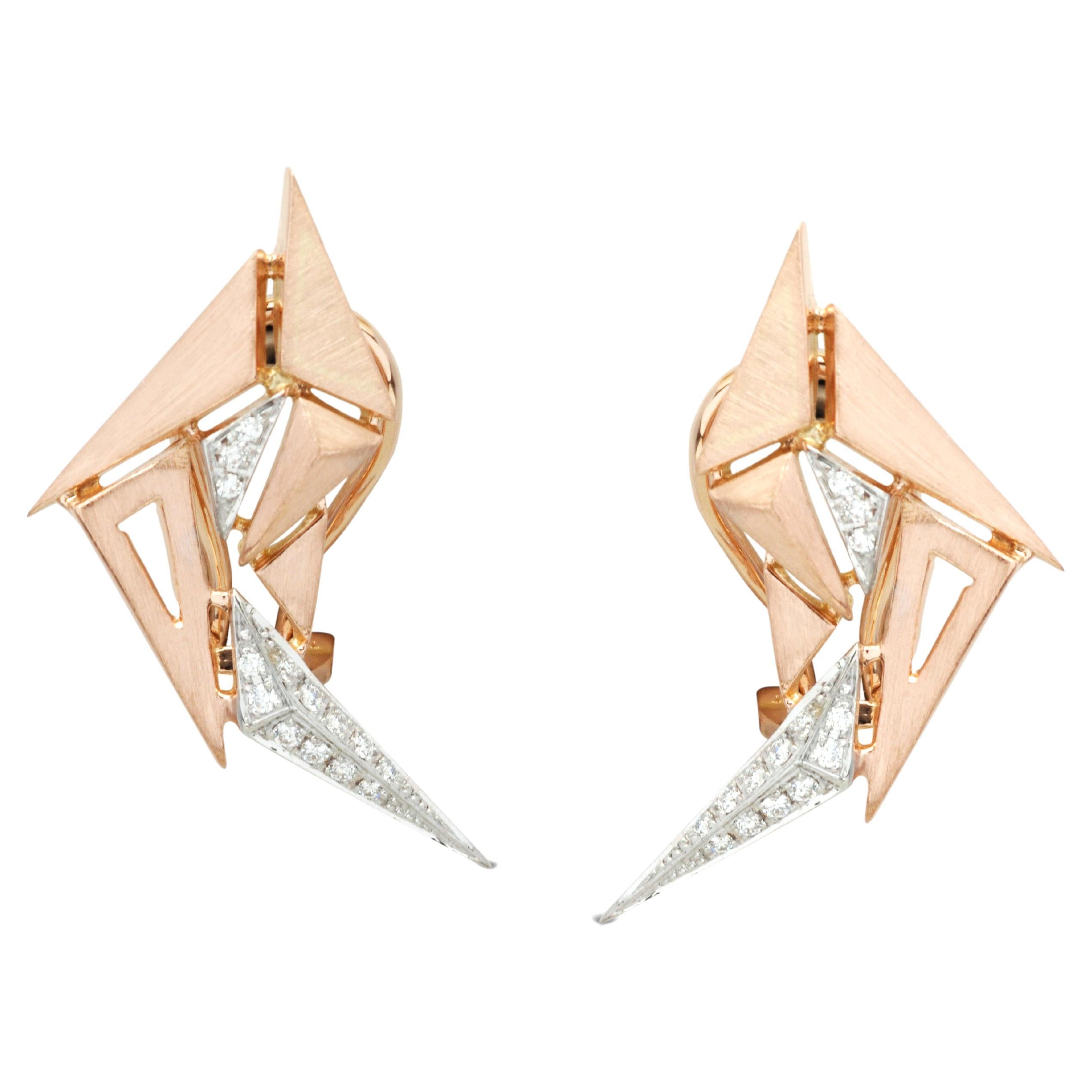 Origami Brushed Gold Diamond Swan Earrings 18k Rose Gold For Sale