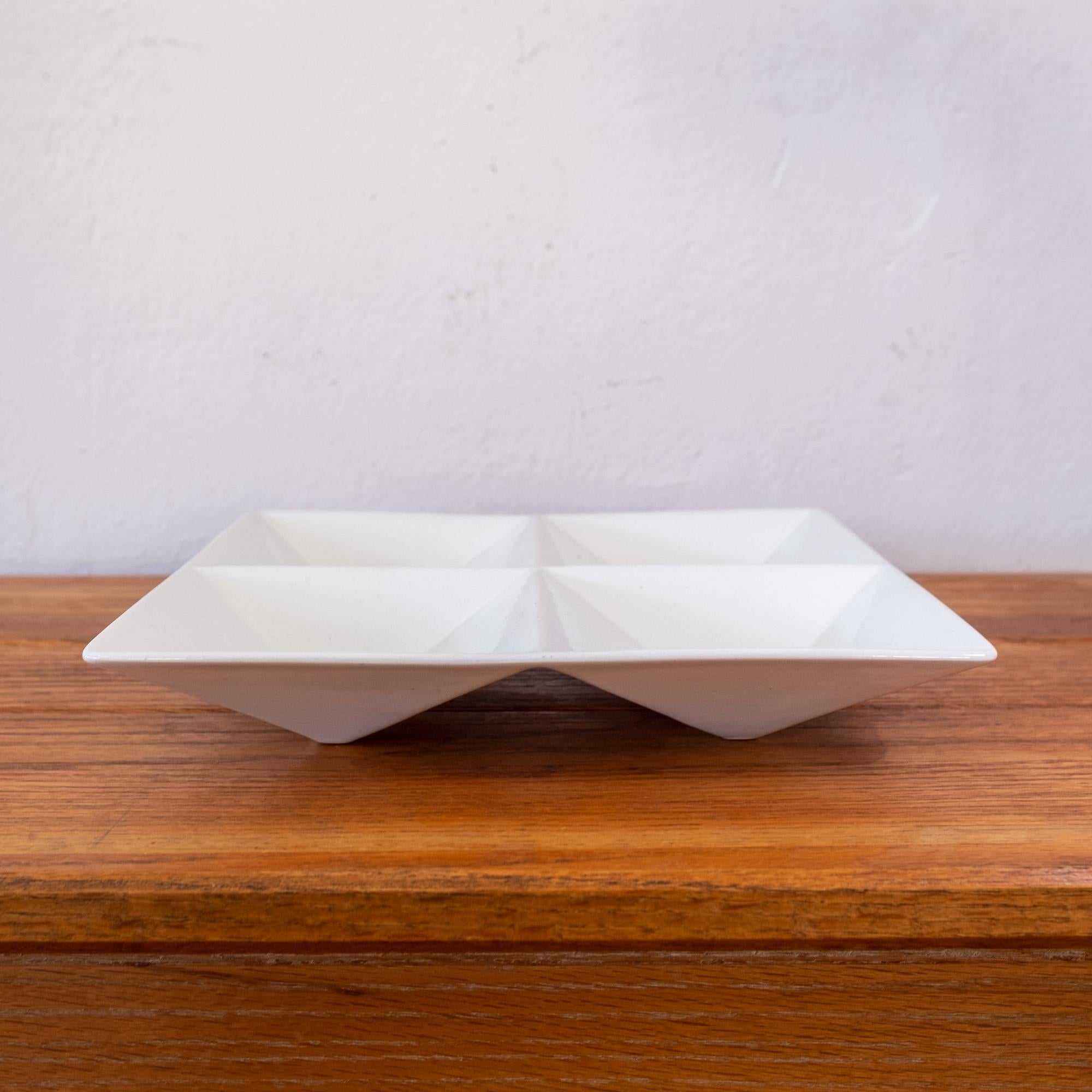 Geometric divided ceramic tray with glossy by Kaj Franck for Arabia. Early production, Finland, 1960.