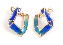 Origami Link No. 5 Blue Sapphire with Enamel Earrings 18K Rose Gold Petite