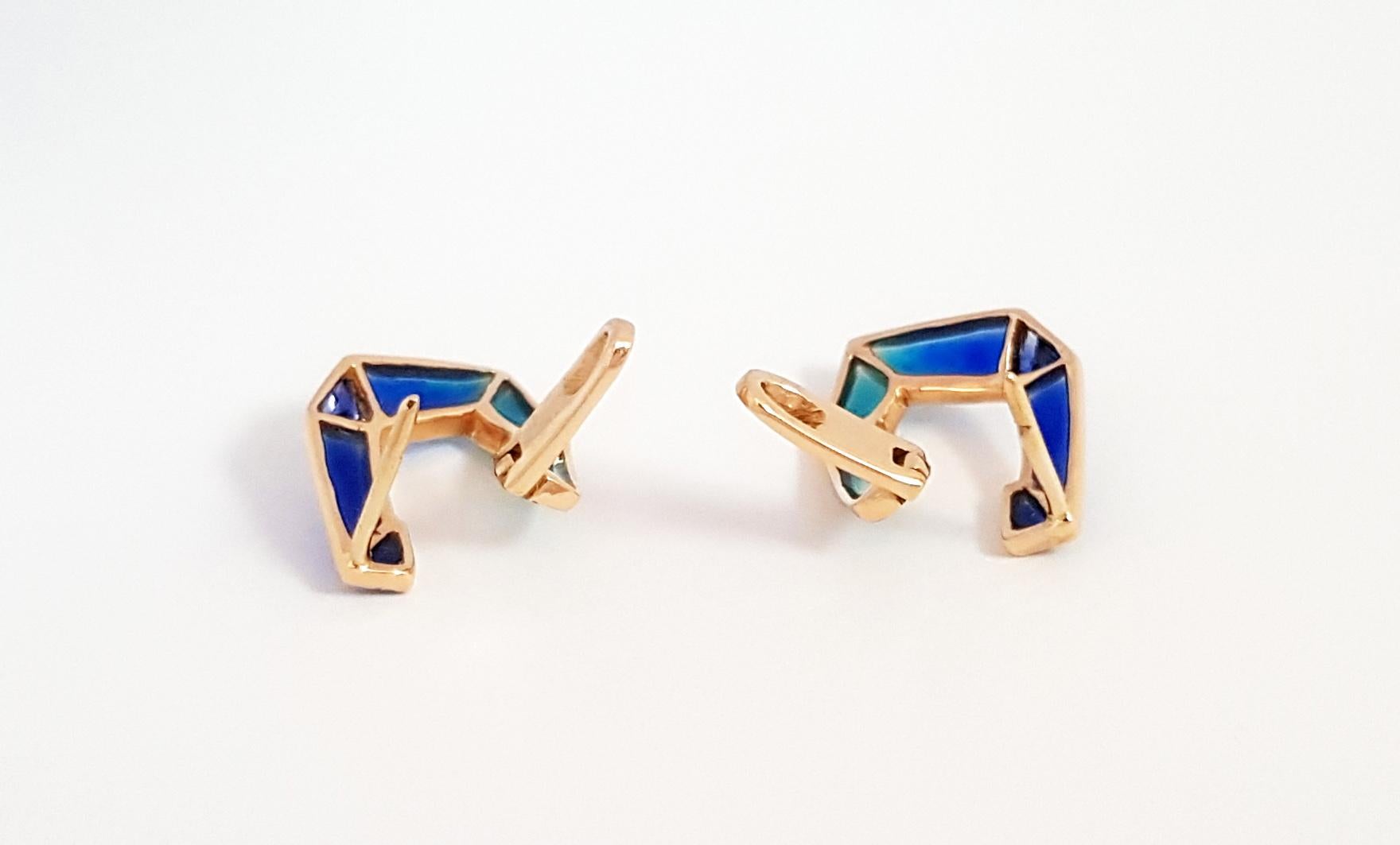 Mixed Cut Origami Link No. 5 Blue Sapphire with Enamel Earrings 18K Rose Gold Petite For Sale