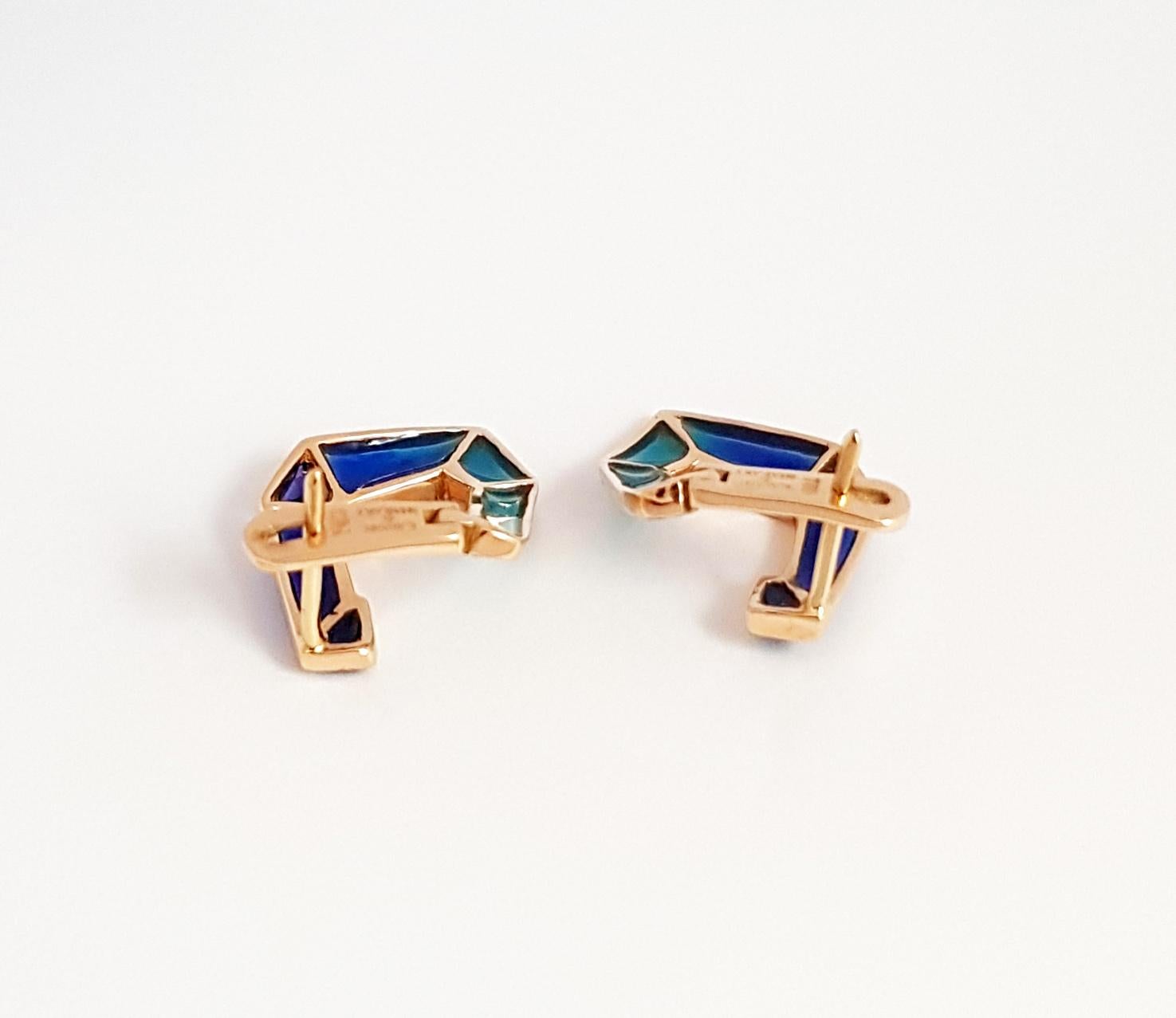 Women's Origami Link No. 5 Blue Sapphire with Enamel Earrings 18K Rose Gold Petite For Sale