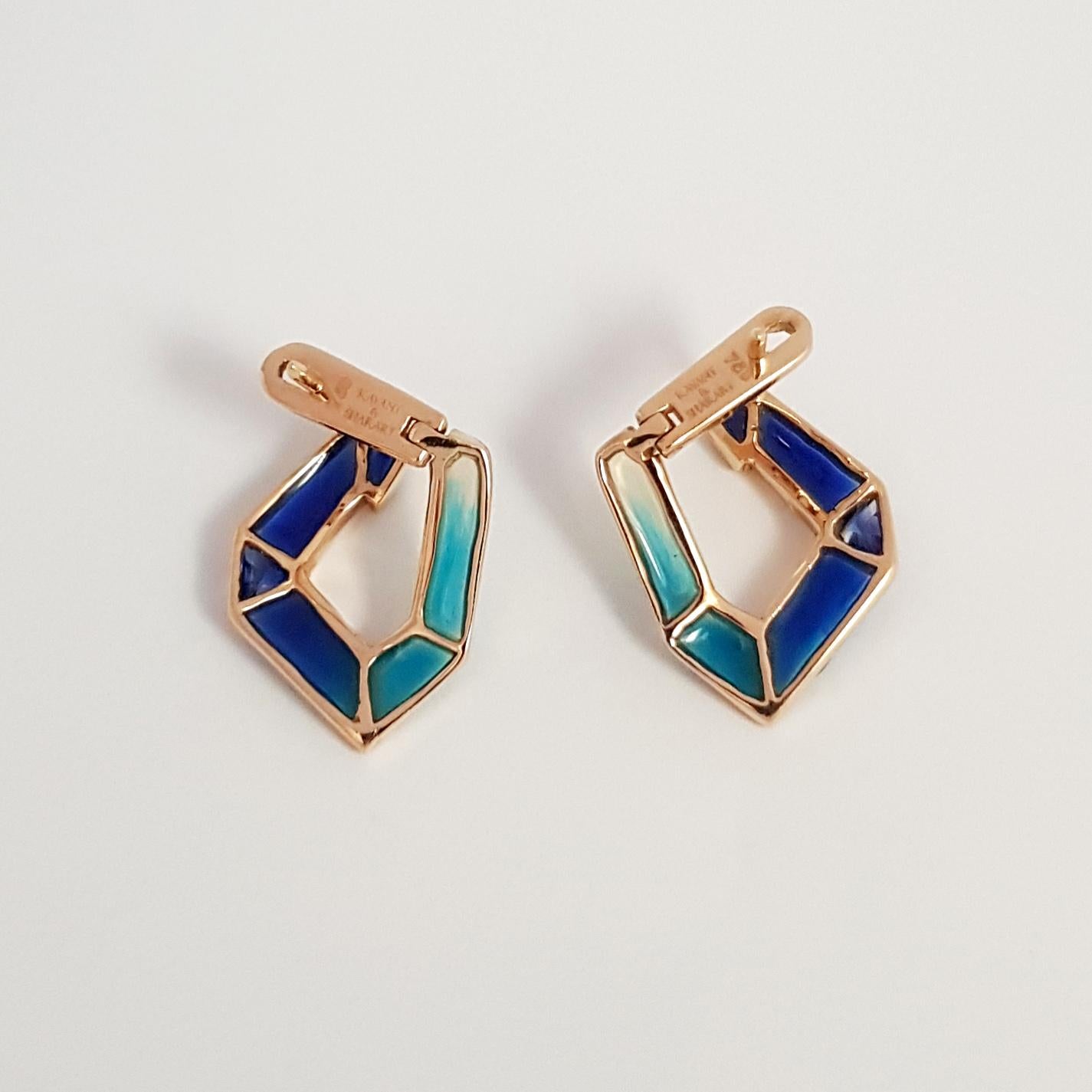 Origami Link No. 5 Blue Sapphire with Enamel Earrings 18K Rose Gold Petite For Sale 1