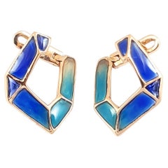 Origami Link No. 5 Blue Sapphire with Enamel Earrings 18K Rose Gold Petite