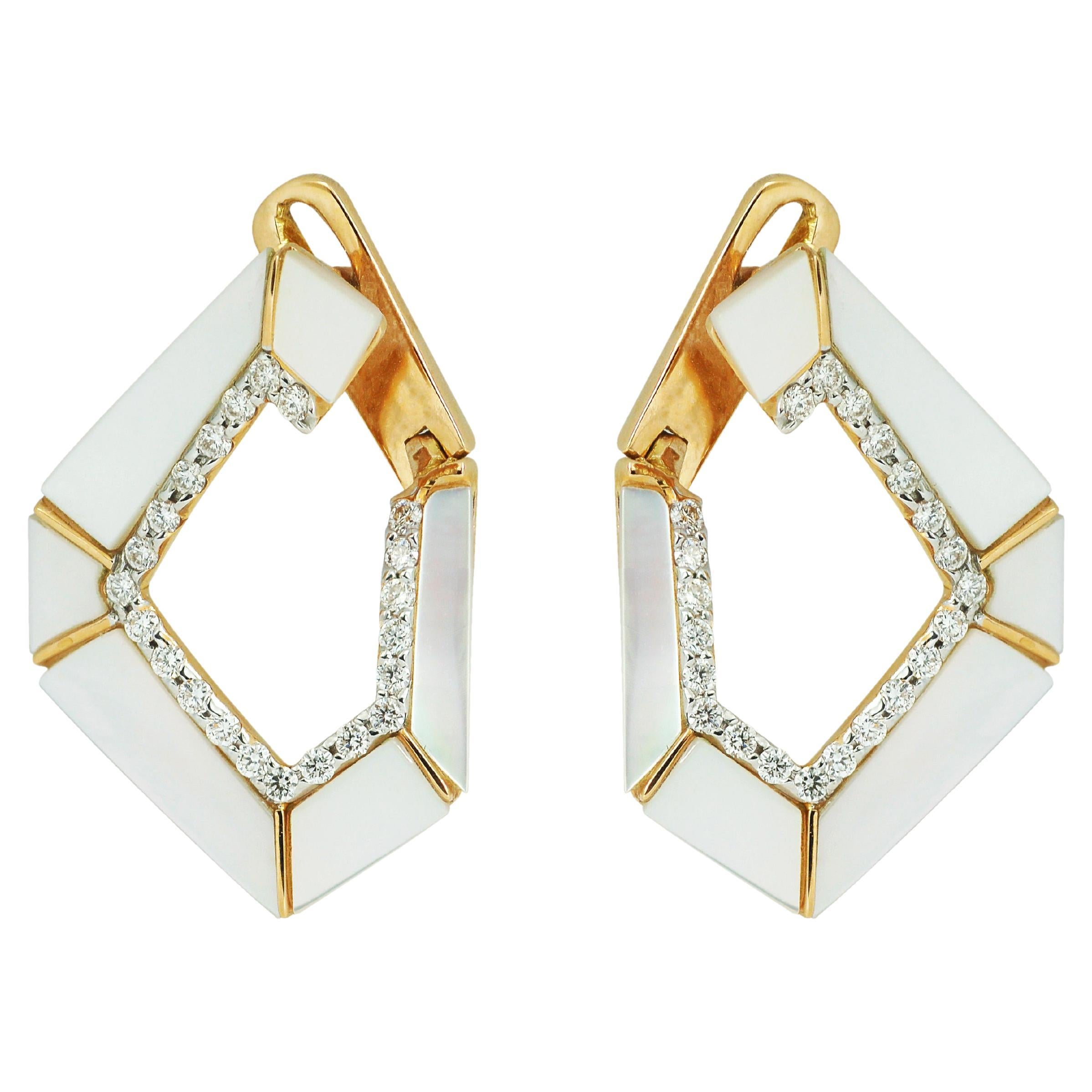 Origami Link No. 5 Mother of Pearl and Diamond Grande Earrings 18k Gold For Sale