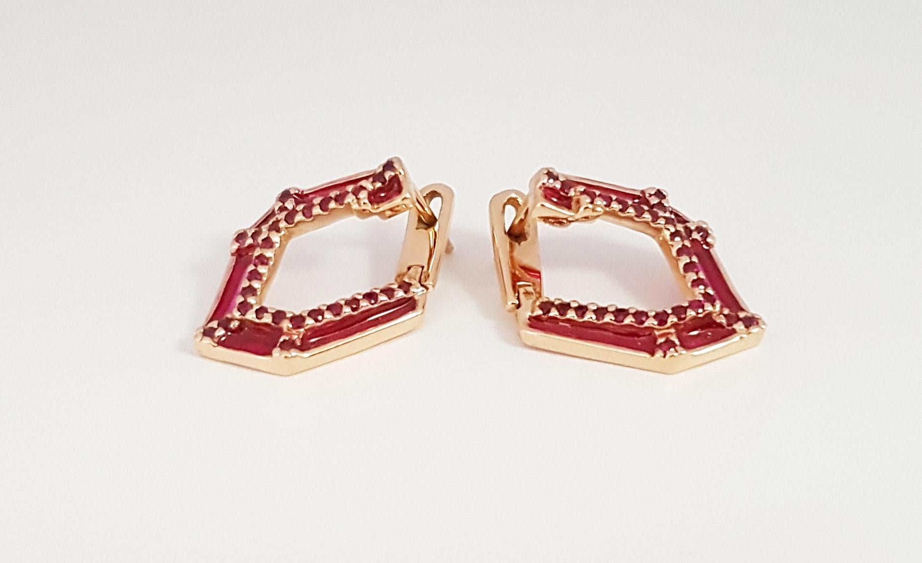 Round Cut Origami Link No. 5 Ruby with Enamel Earrings 18K Rose Gold Petite For Sale