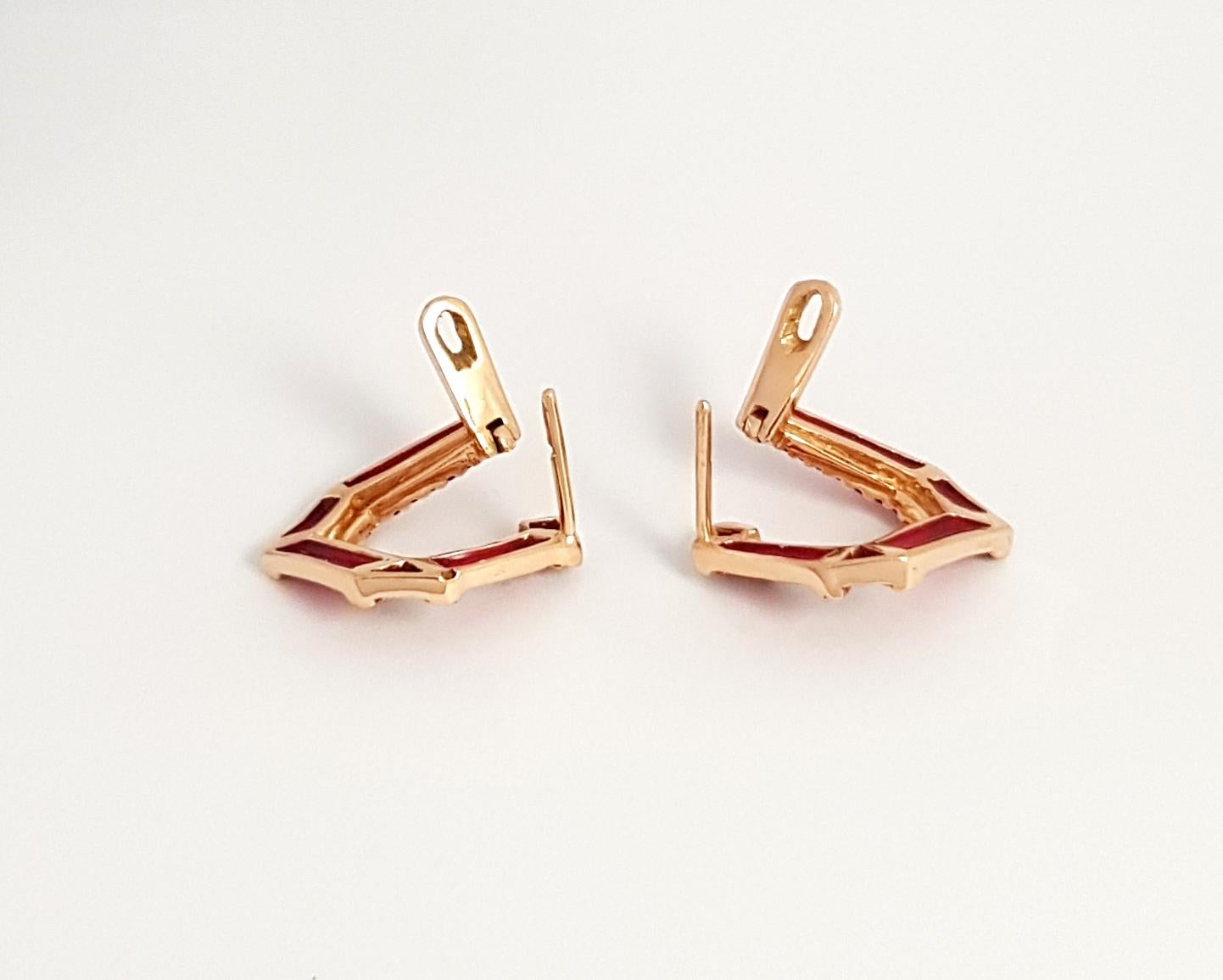 Women's Origami Link No. 5 Ruby with Enamel Earrings 18K Rose Gold Petite For Sale