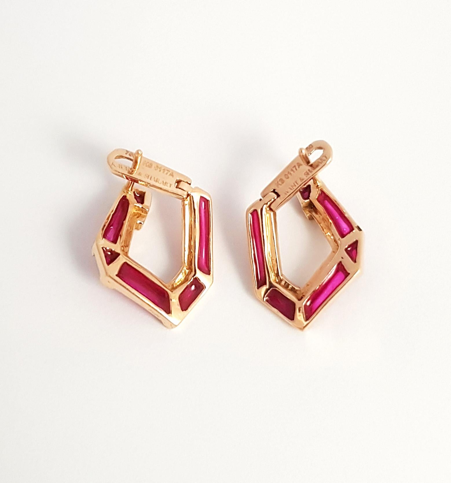 Origami Link No. 5 Ruby with Enamel Earrings 18K Rose Gold Petite For Sale 3