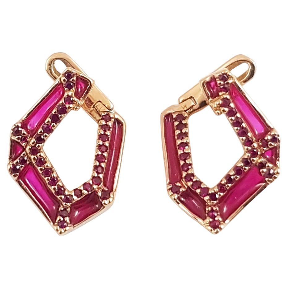 Origami Link No. 5 Ruby with Enamel Earrings 18K Rose Gold Petite For Sale