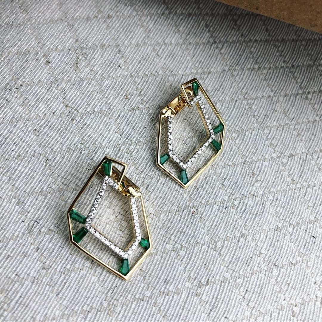 Mixed Cut Origami Link No. 5 Skeleton Emerald and Diamond Earrings 18k Gold For Sale