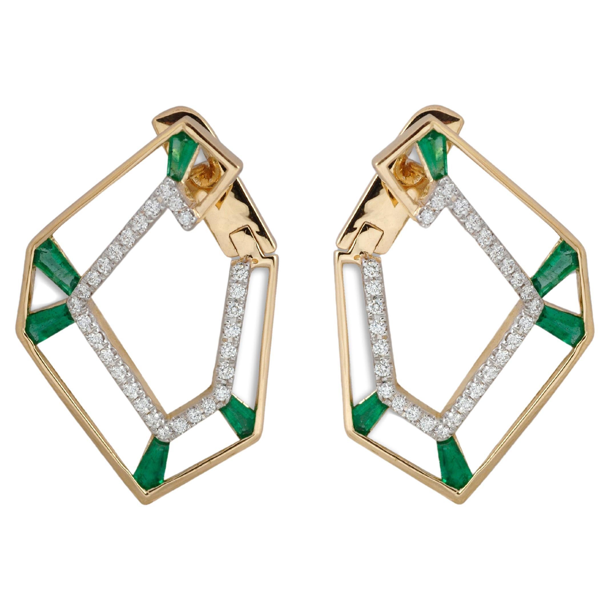 Origami Link No. 5 Skeleton Emerald and Diamond Earrings 18k Gold For Sale