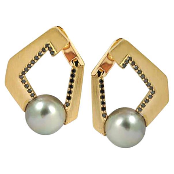 Origami Boucles d'oreilles à maillons n° 5 en or 18 carats avec perles des mers du Sud et diamants noirs