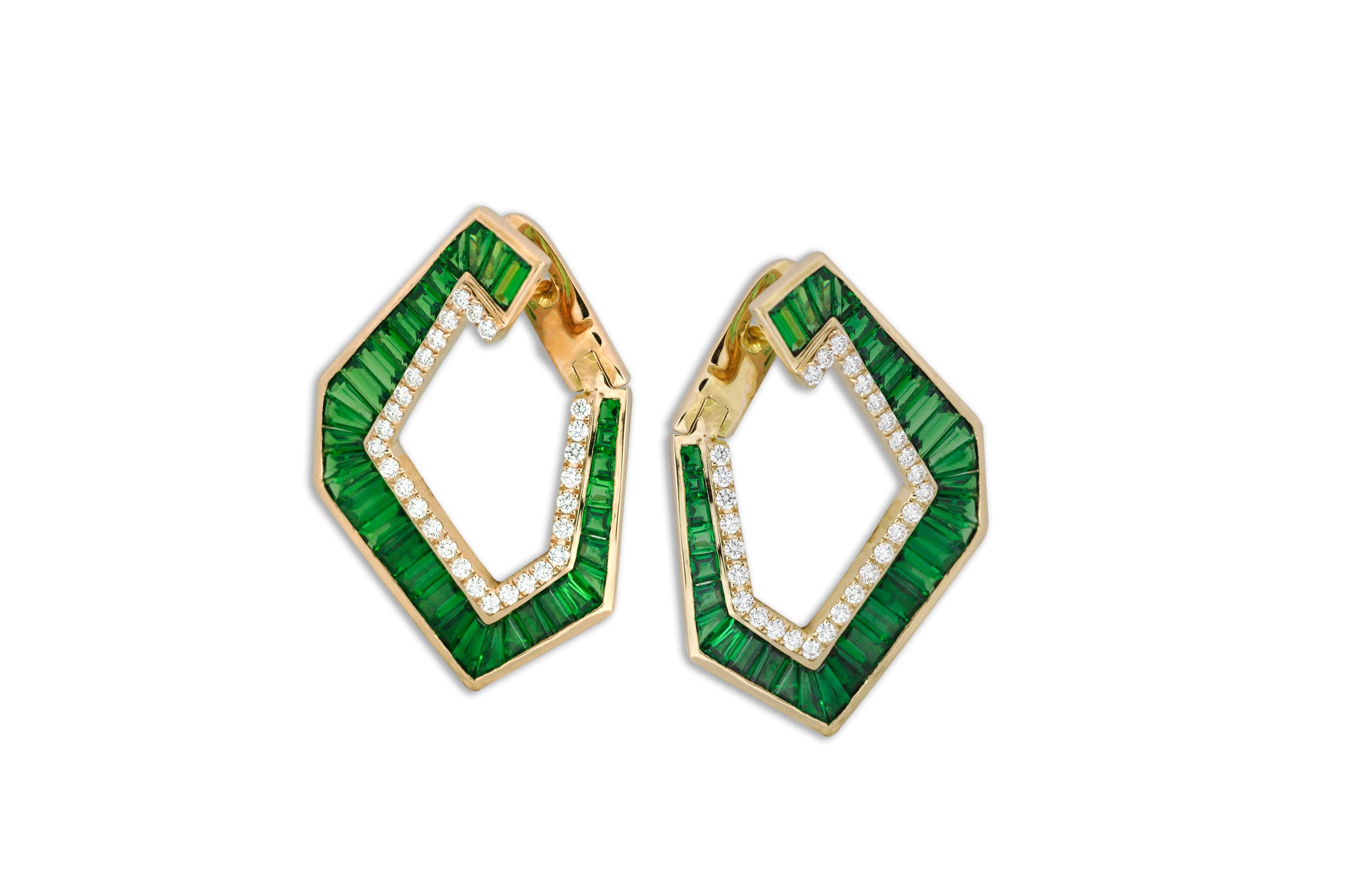 Origami Link No. 5 Tsavorite and Diamond Grande Earrings 18k Gold Settings For Sale