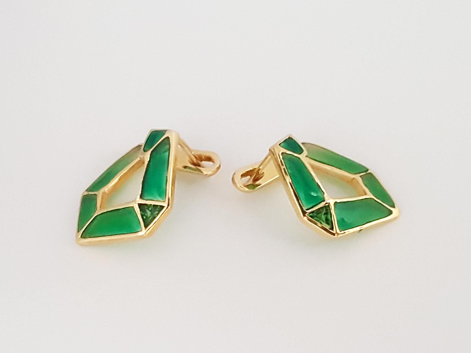 Mixed Cut Origami Link No. 5 Tsavorite with Enamel Earrings 18K Yellow Gold Petite For Sale
