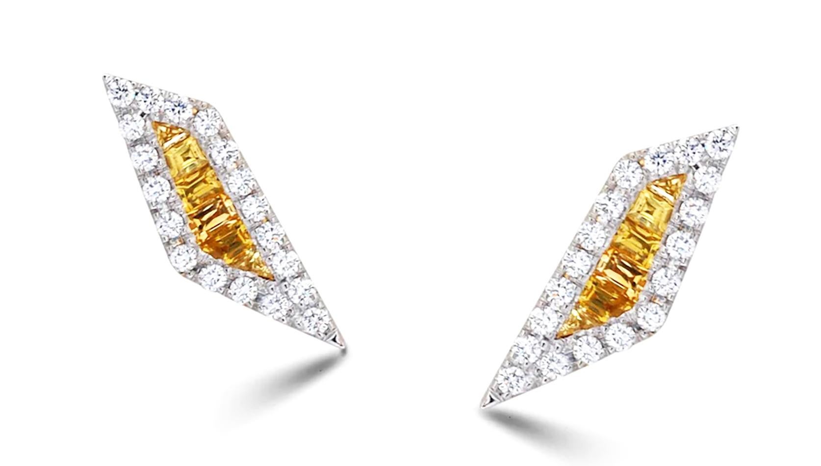 Origami Palm Leaf Yellow Sapphire, Diamond Stud Earrings 18K Gold For Sale 1