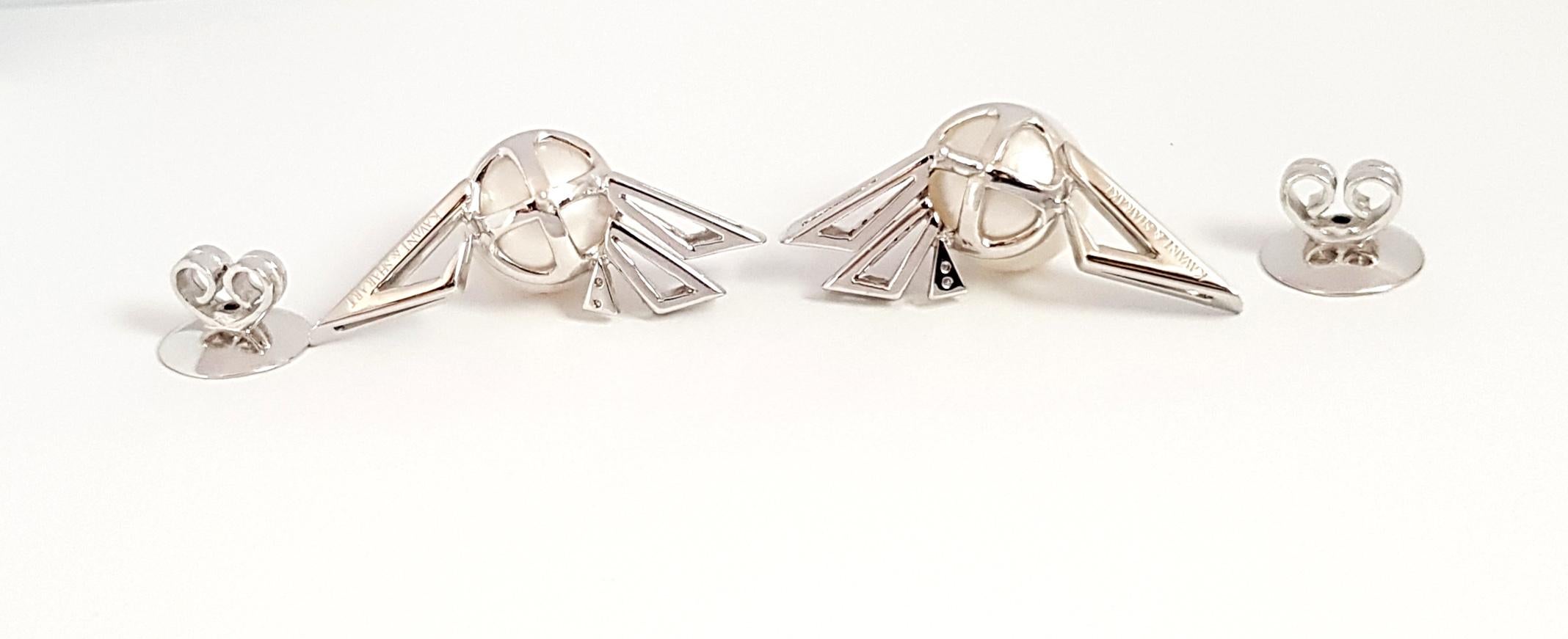 Brilliant Cut Kavant Sharart Origami Silhouette Pearl, Diamond Earrings 18K White Gold For Sale