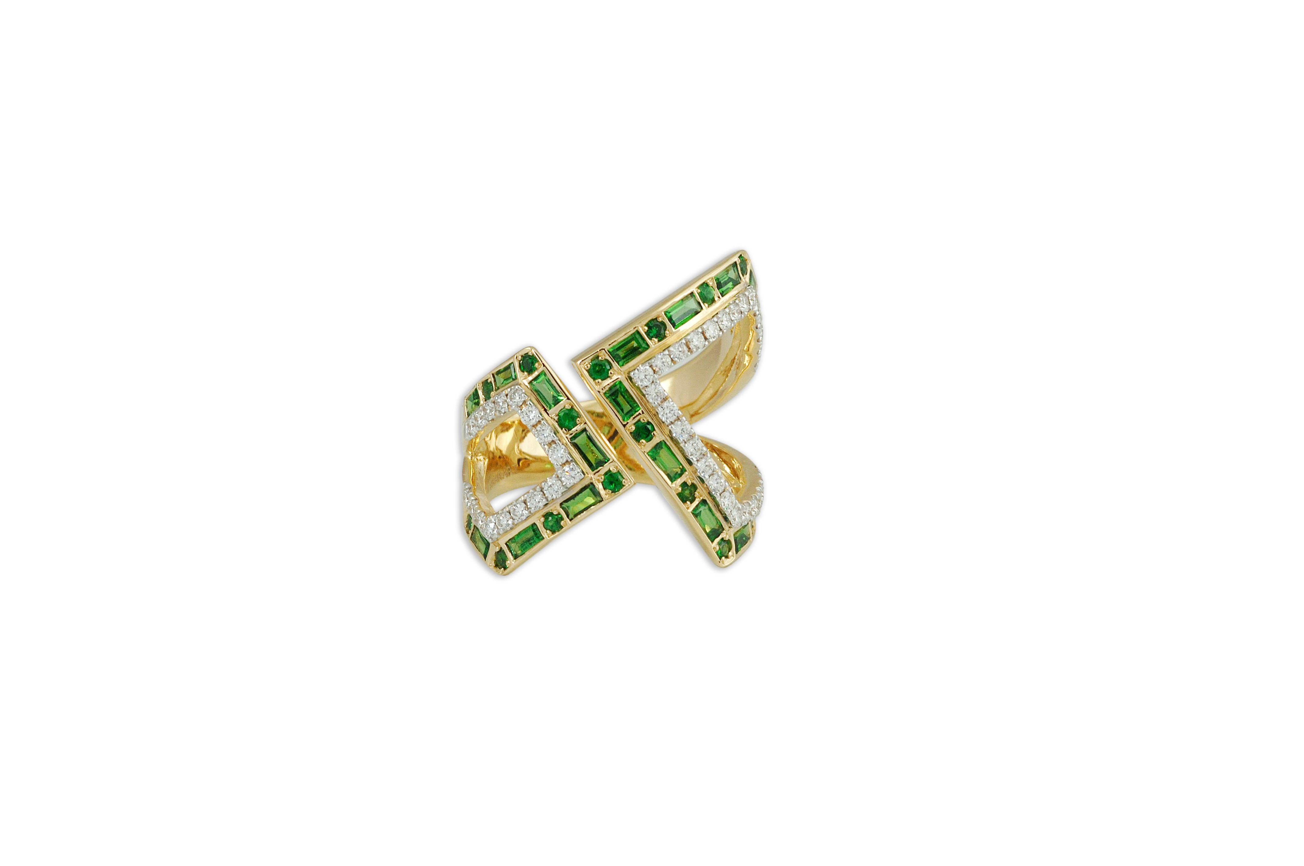 Mixed Cut Origami Silhouette Tsavorite and Diamond Ring set in 18K Gold Settings For Sale