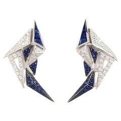 Origami Swan Blue Sapphire, Diamond Earrings 18K White Gold Settings