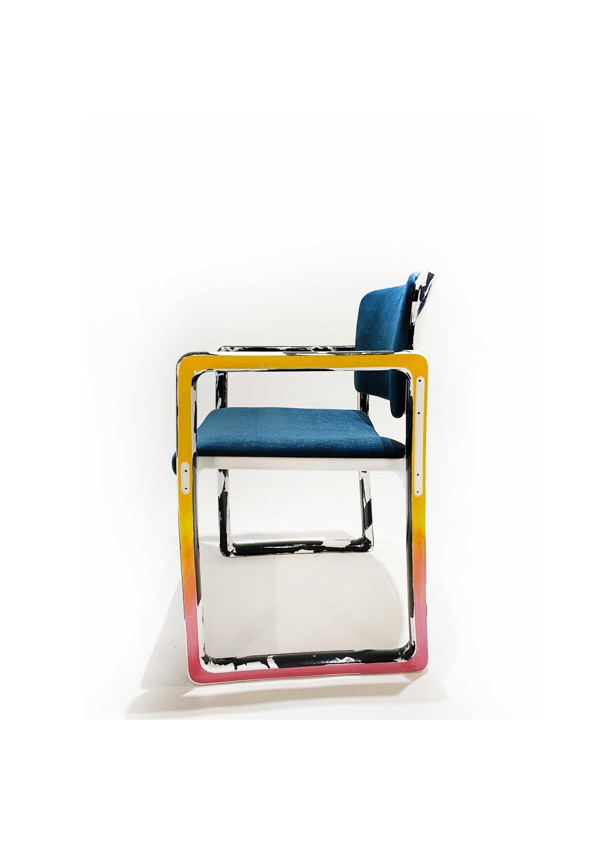 Origin 9 armchair by POLCHA
Dimensions: W 81 x D 58 x H 50 cm
Material: fabric: fiberglass and reupholstered in a fabric for Casal (100 prct PET & Aquaclean) / Work: Trompe l'Oeil Grand Antique and Degraded paint with white lacquer

After more