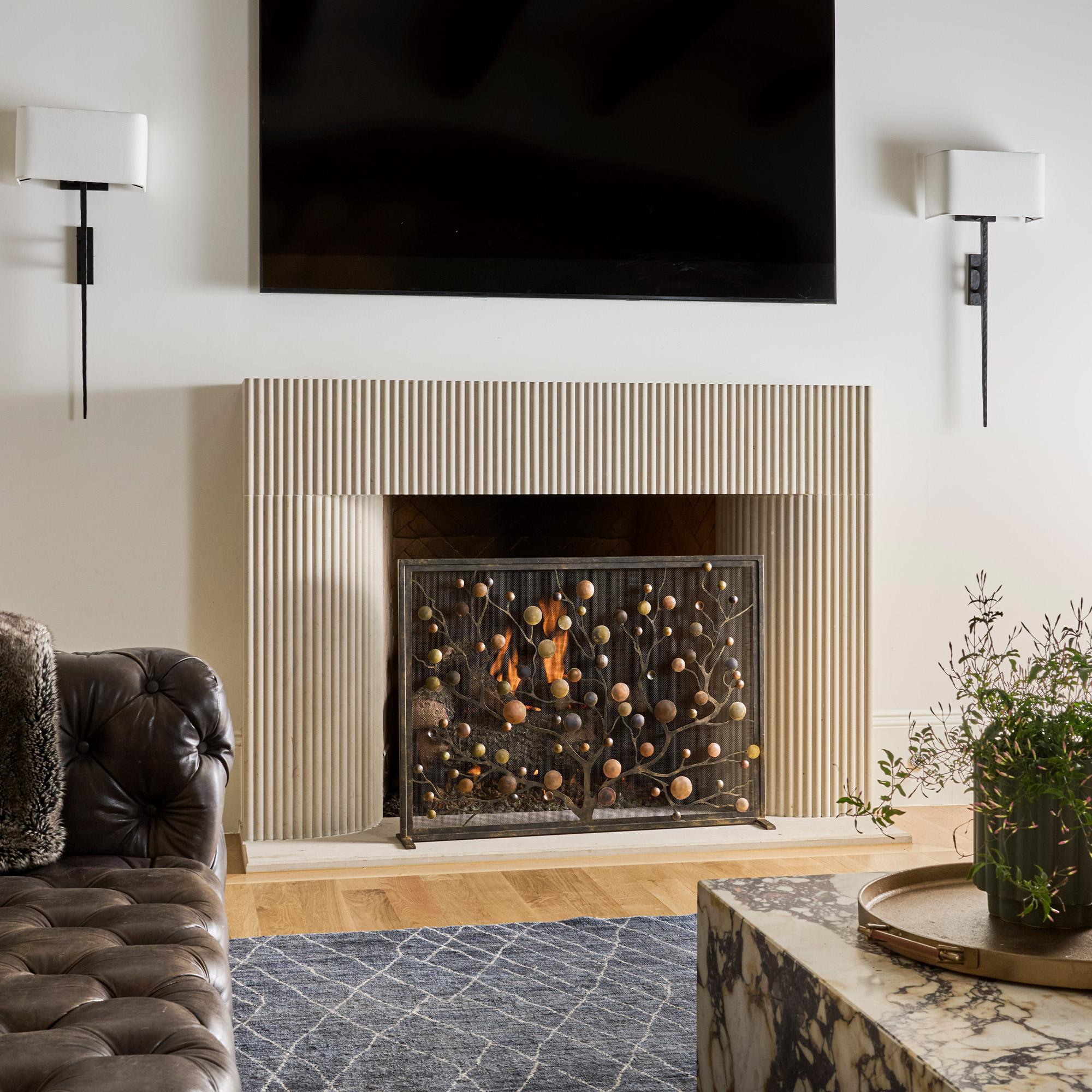 American Origin Mid-Century Modern Fireplace Screen With Patina and Warm Black Frame For Sale