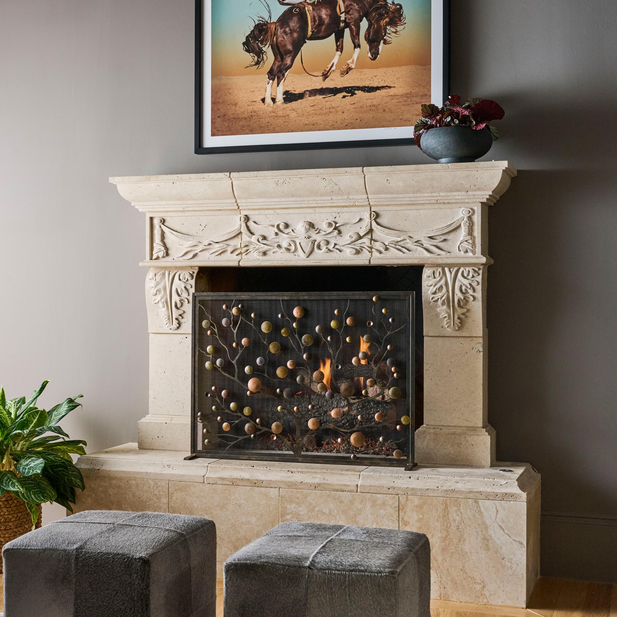 Welded Origin Mid-Century Modern Fireplace Screen With Patina and Warm Black Frame For Sale