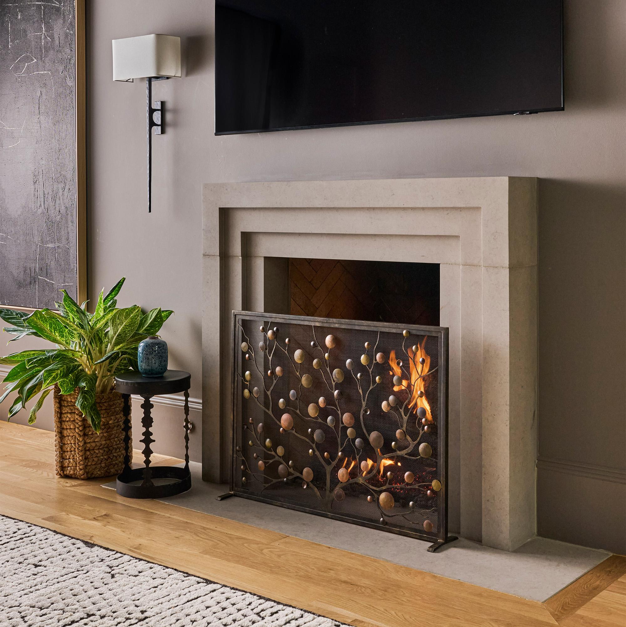 Origin Mid-Century Modern Fireplace Screen With Patina and Warm Black Frame In New Condition For Sale In Dallas, TX