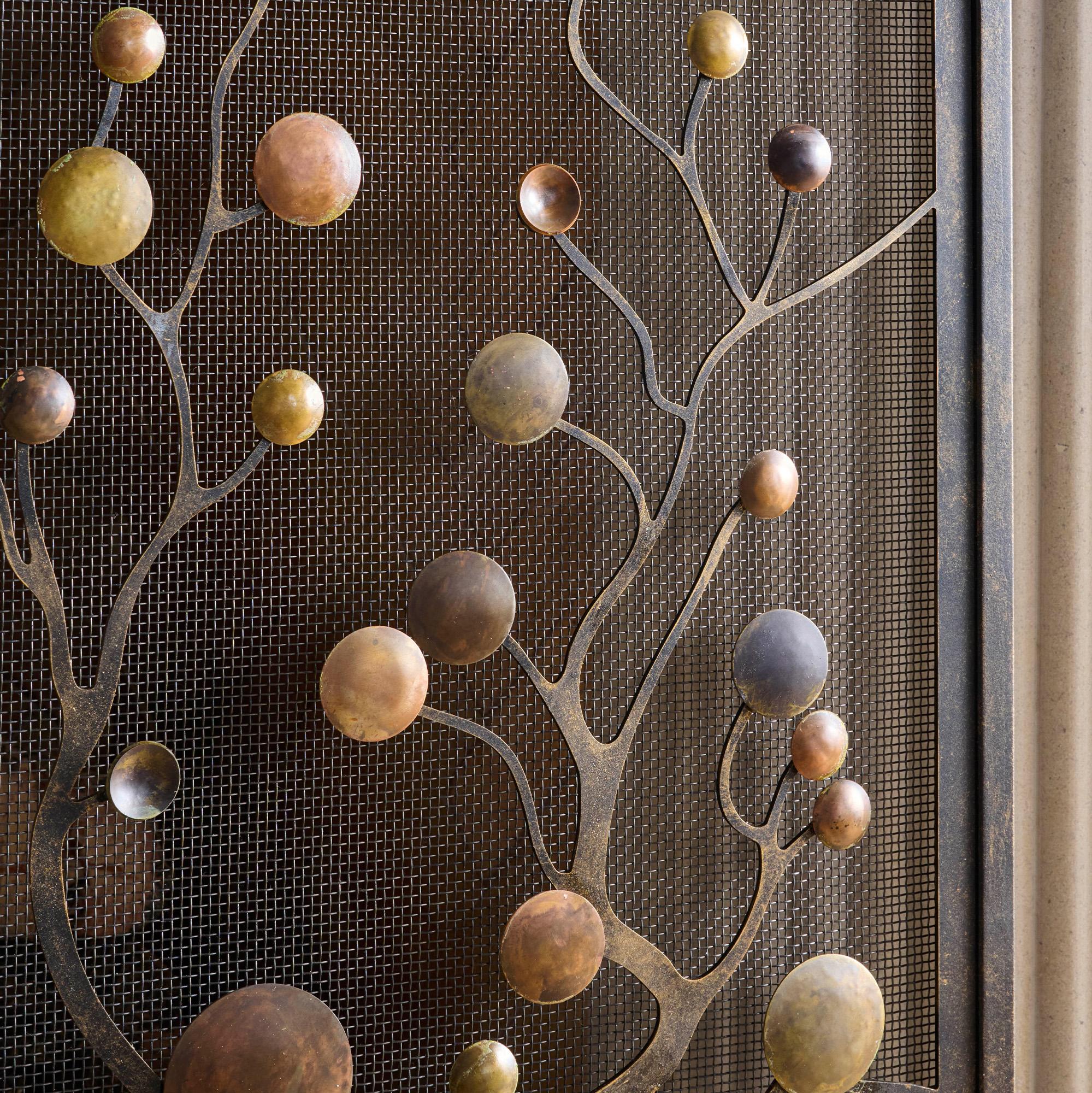 Contemporary Origin Mid-Century Modern Fireplace Screen With Patina and Warm Black Frame For Sale