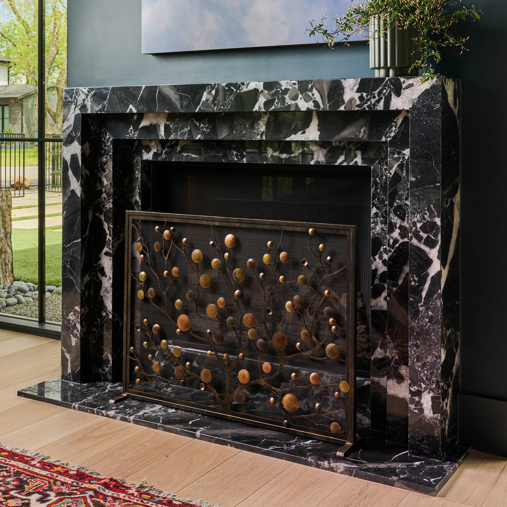 Iron Origin Mid-Century Modern Fireplace Screen With Patina and Warm Black Frame For Sale