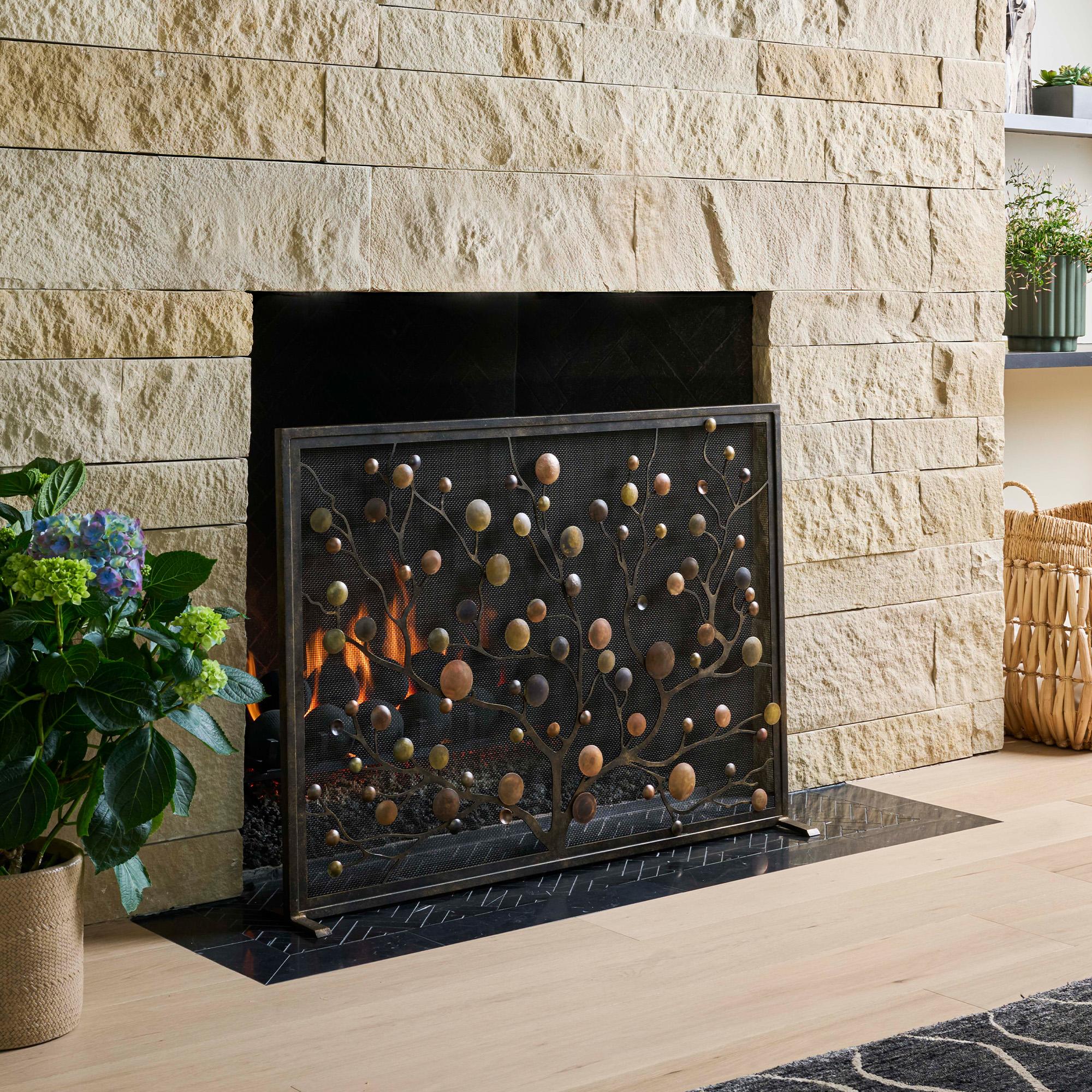 Origin Mid-Century Modern Fireplace Screen With Patina and Warm Black Frame For Sale 1