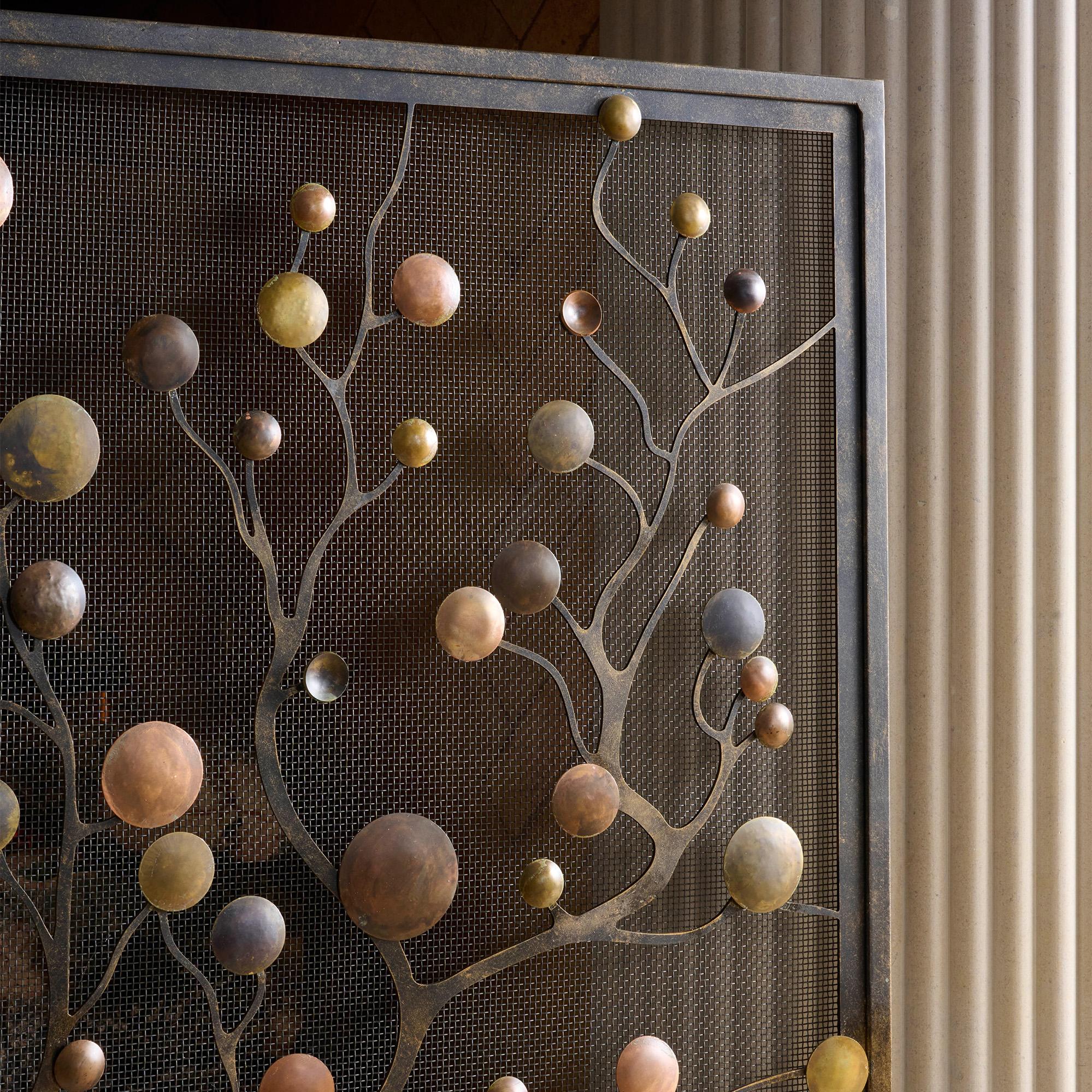 Origin Mid-Century Modern Fireplace Screen With Patina and Warm Black Frame For Sale 2